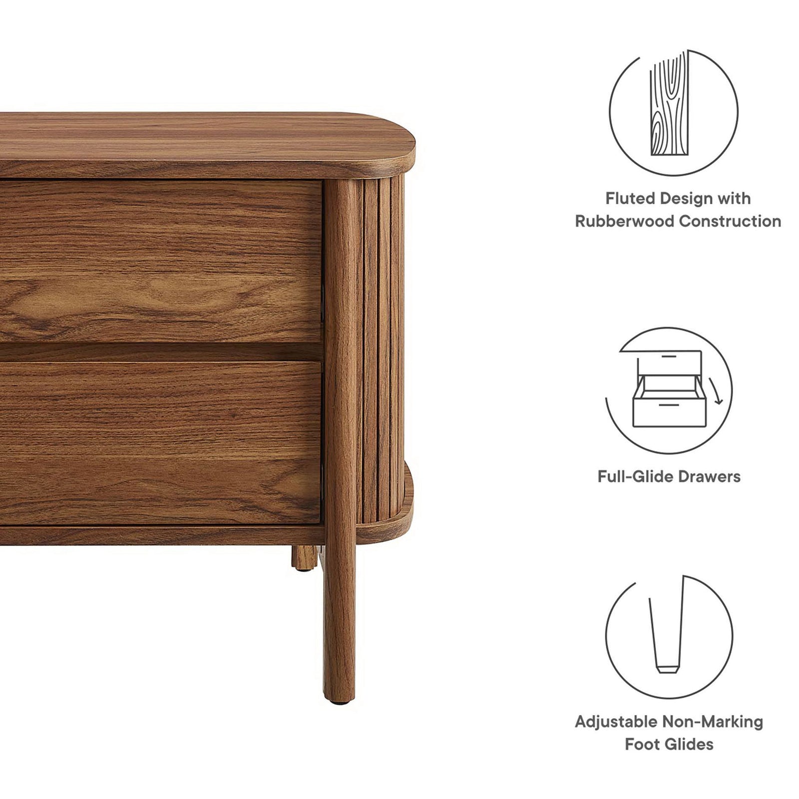 Feature graphic calling out fluted design, full-glide drawers, and adjustable non-marking foot glides || MOD-7158-WAL || callout_studio