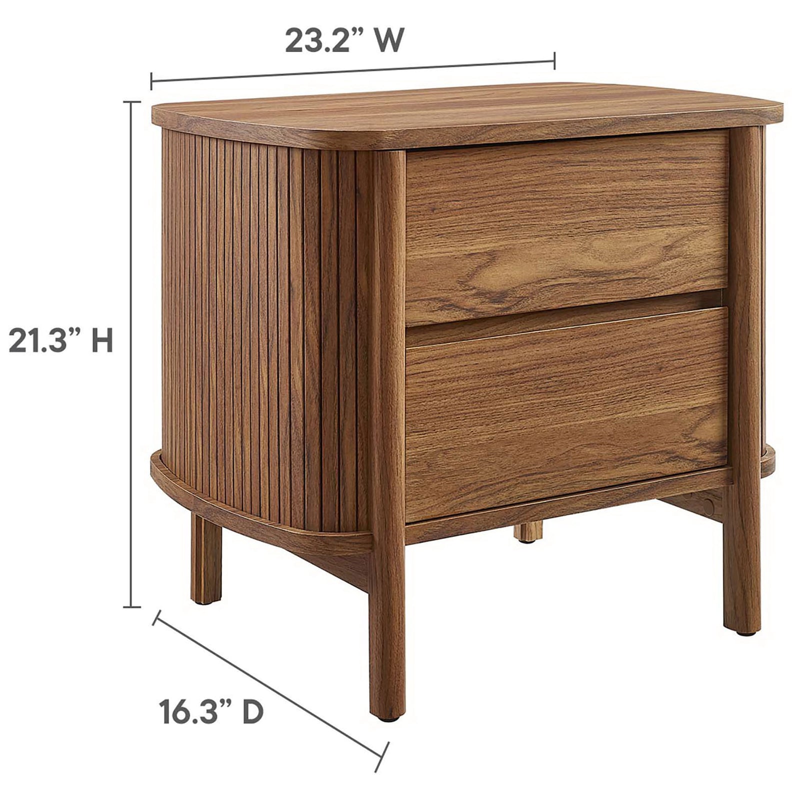 Dimension diagram showing the height, width, and depth of the Cadence walnut two-drawer nightstand || MOD-7158-WAL || dimension_studio