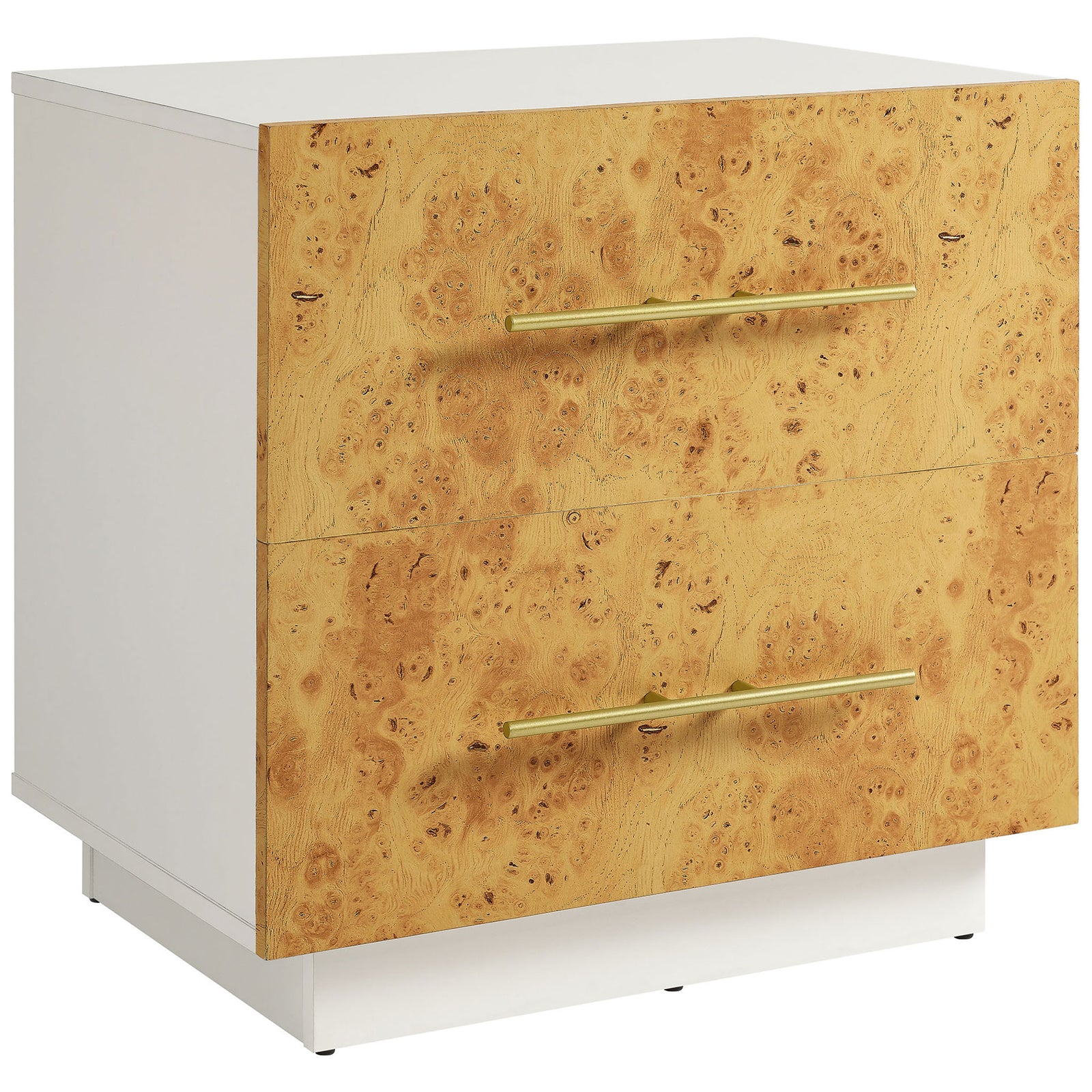 White Abel burl wood nightstand showcasing rich burl grain drawers and sleek gold handles || MOD-7159-WHI-BUR || front_angle_studio