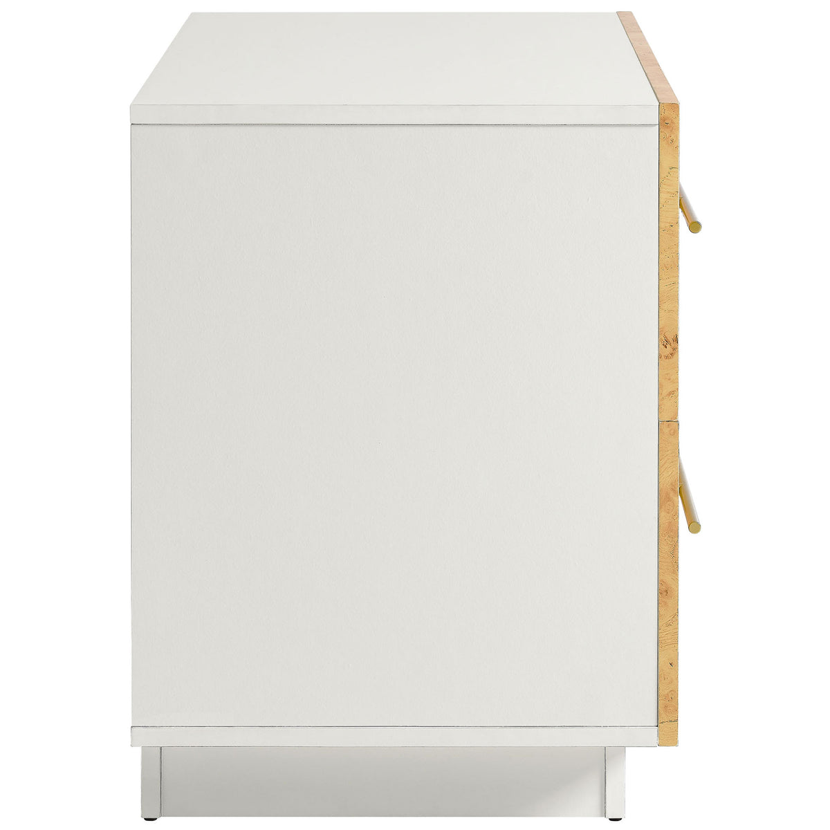 Sleek white profile of the Abel burl wood nightstand with slim gold drawer pulls || MOD-7159-WHI-BUR || side_studio