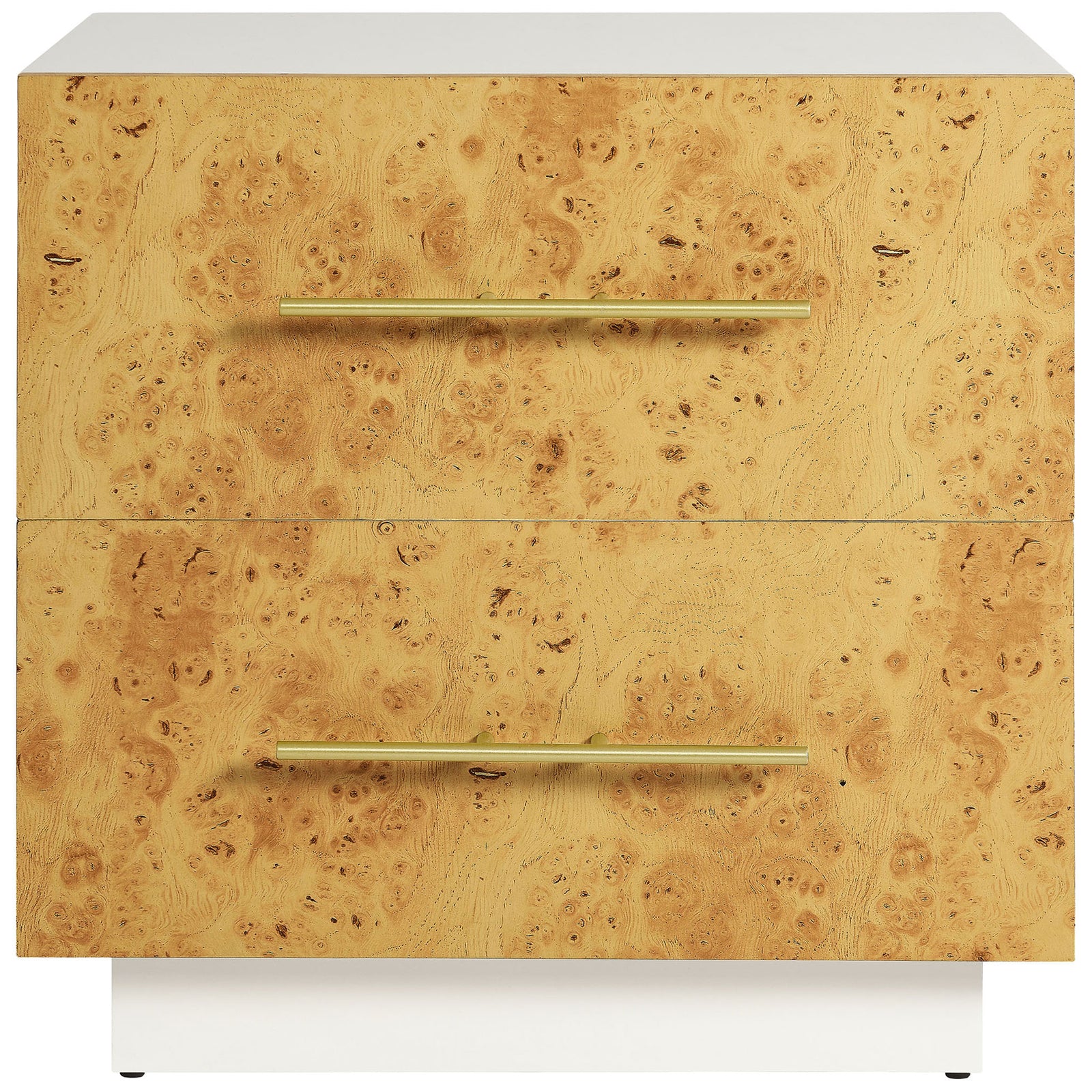 White Abel nightstand with two burl wood drawers and long gold handles on a modern plinth base || MOD-7159-WHI-BUR || front_studio