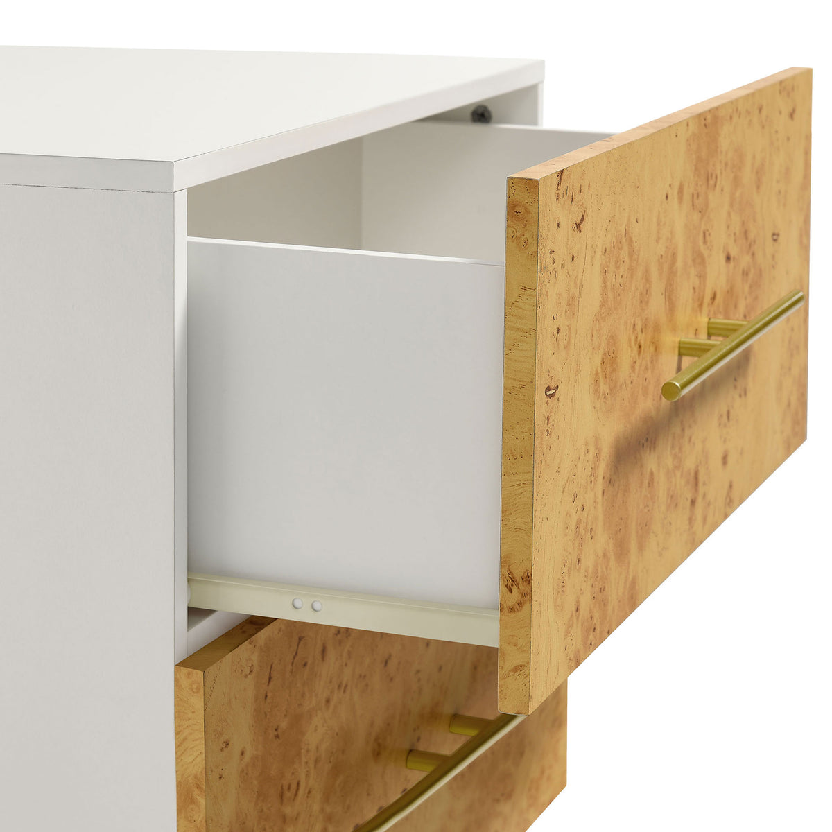 Abel nightstand drawer with smooth metal glides and spacious white interior || MOD-7159-WHI-BUR || storage_open_studio