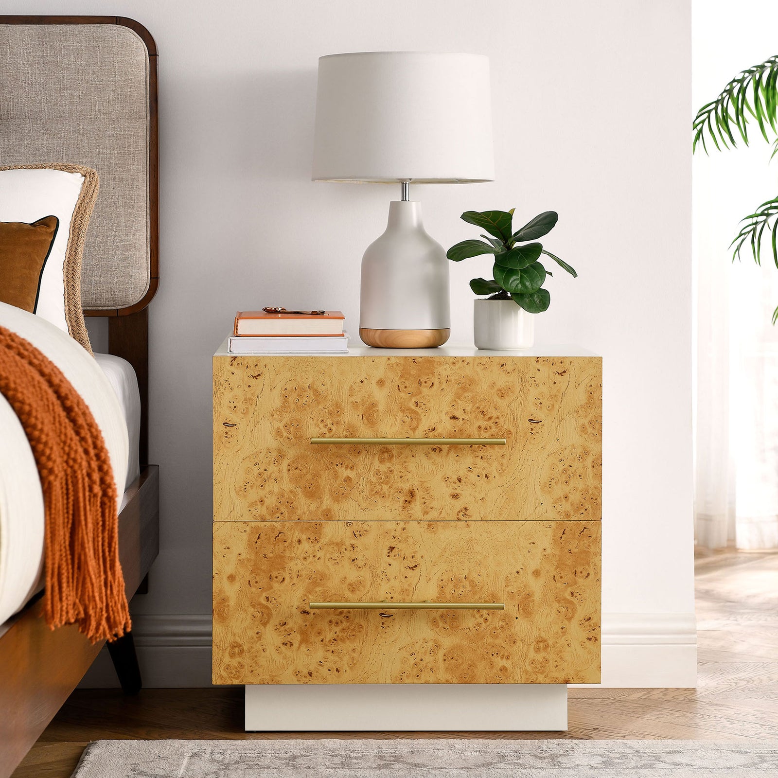 Abel burl wood nightstand styled in a bright bedroom with lamp, books, and greenery || MOD-7159-WHI-BUR || front_room