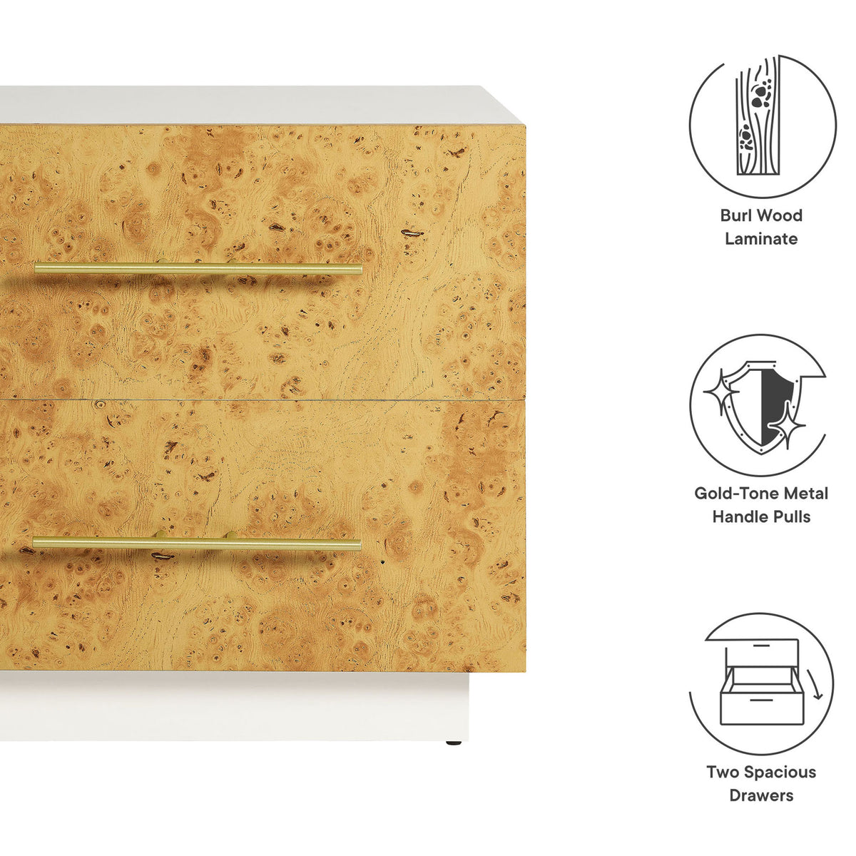Abel burl wood nightstand with icons highlighting burl laminate, gold handles, and two spacious drawers || MOD-7159-WHI-BUR || callout_studio