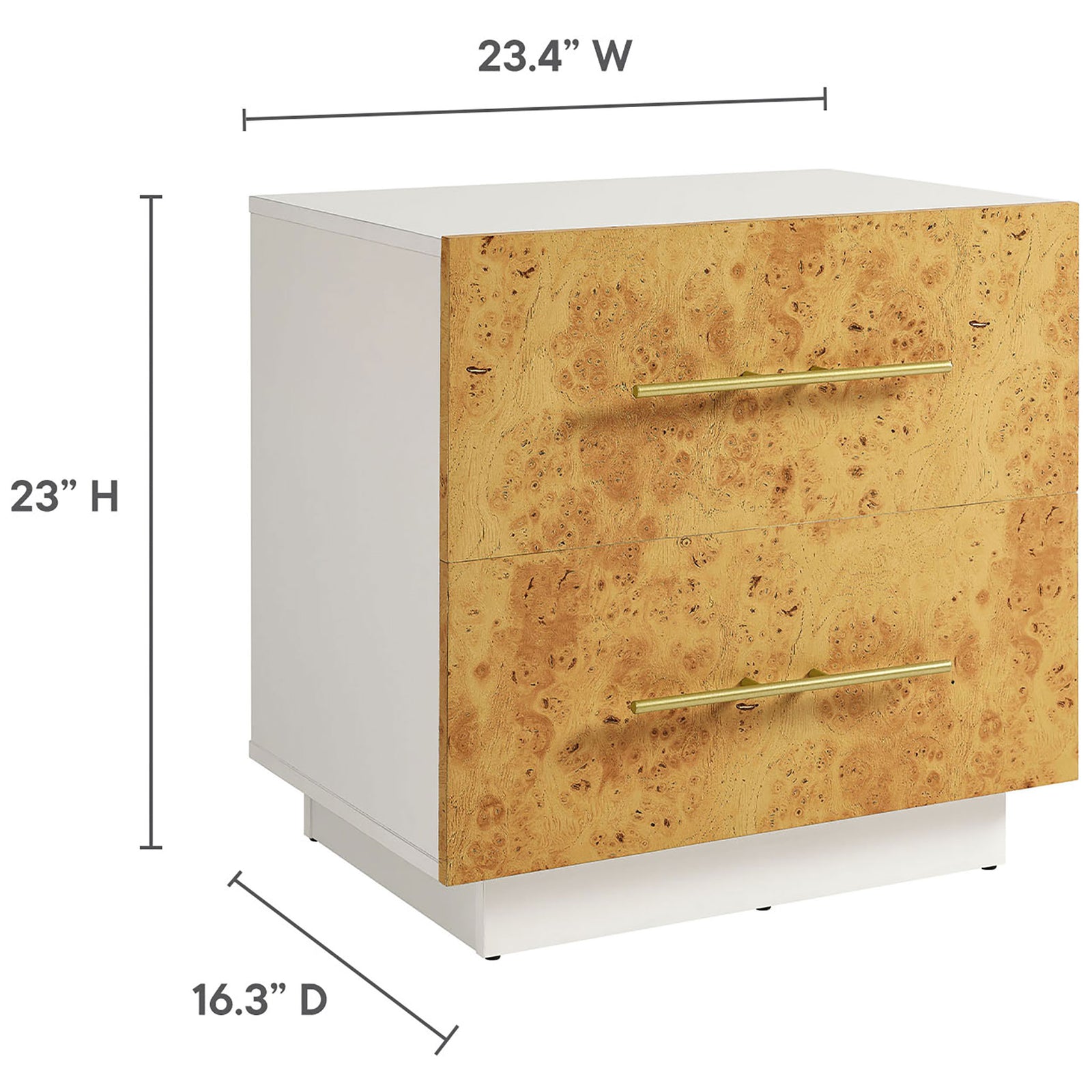 Abel burl wood nightstand with labeled width, height, and depth measurements || MOD-7159-WHI-BUR || dimension_studio