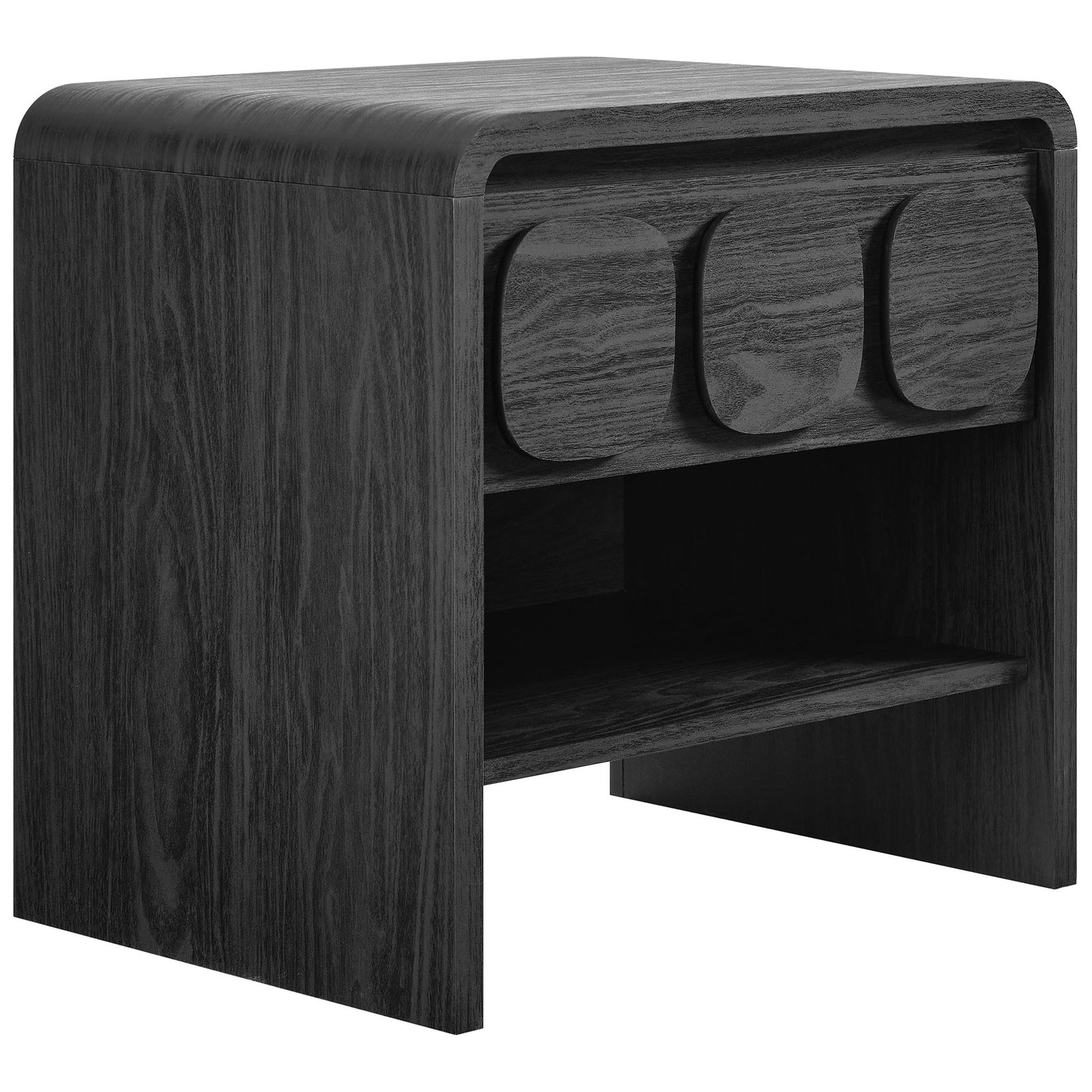 Black nightstand with rounded waterfall edges, circular drawer accents, and an open shelf for bedside storage. || MOD-7160-BLK || front_angle_studio