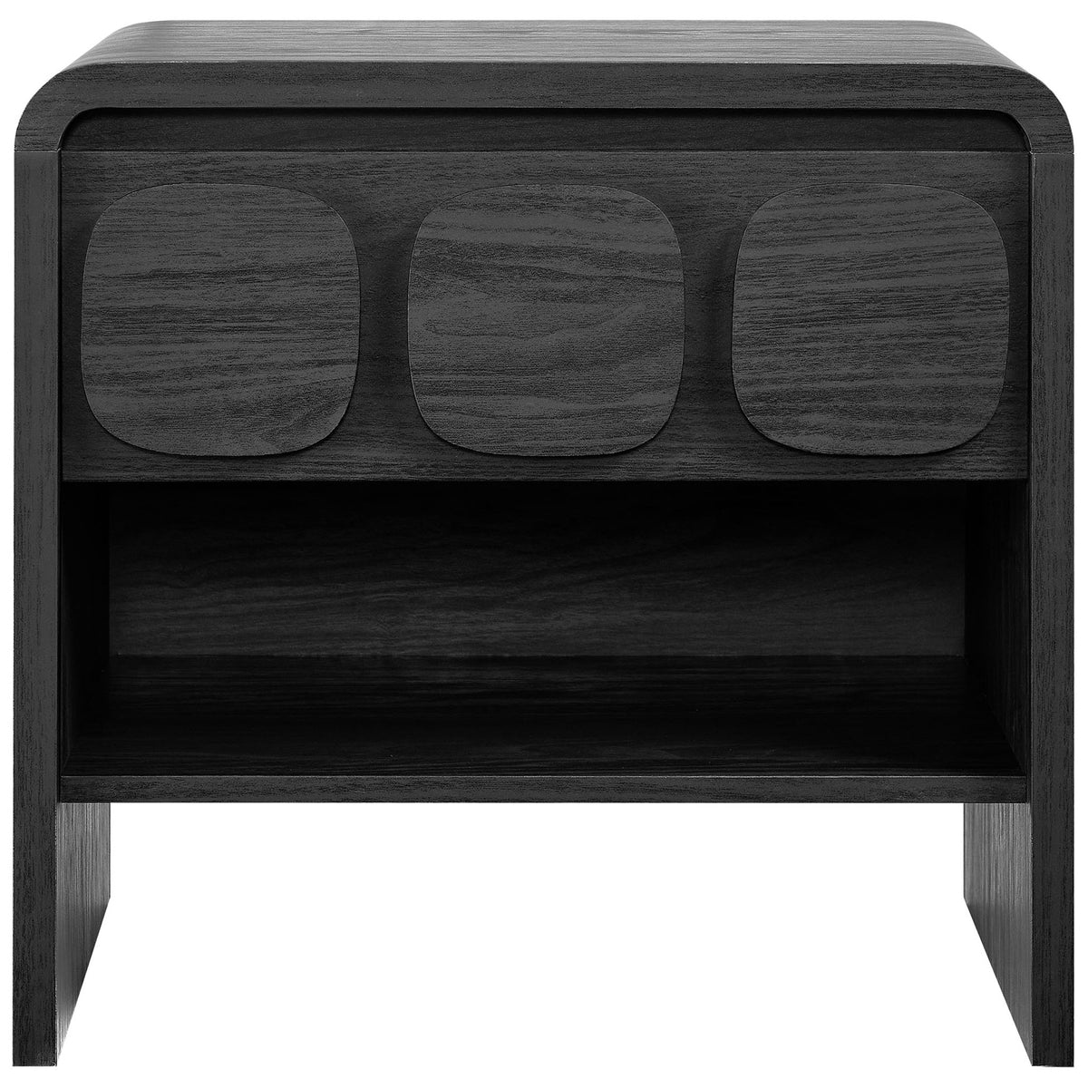 Modern black nightstand with three sculpted circles across the drawer front and a roomy open shelf below. || MOD-7160-BLK || front_studio