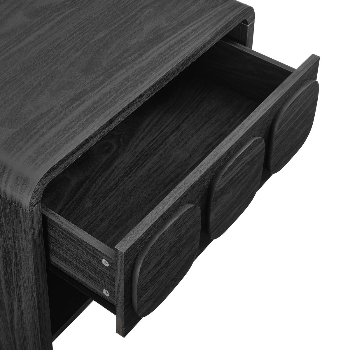 Full-extension drawer opens wide to reveal generous storage space for bedside essentials in this black nightstand. || MOD-7160-BLK || storage_open_studio