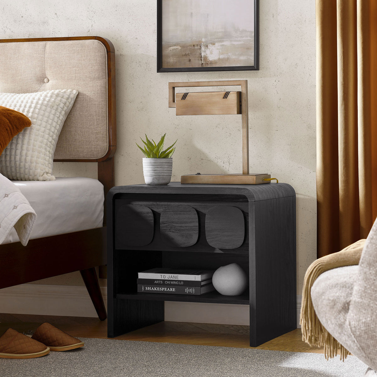 Modern black nightstand brings sculpted drawer detail and open shelving to a warm, layered bedroom look. || MOD-7160-BLK || front_angle_room