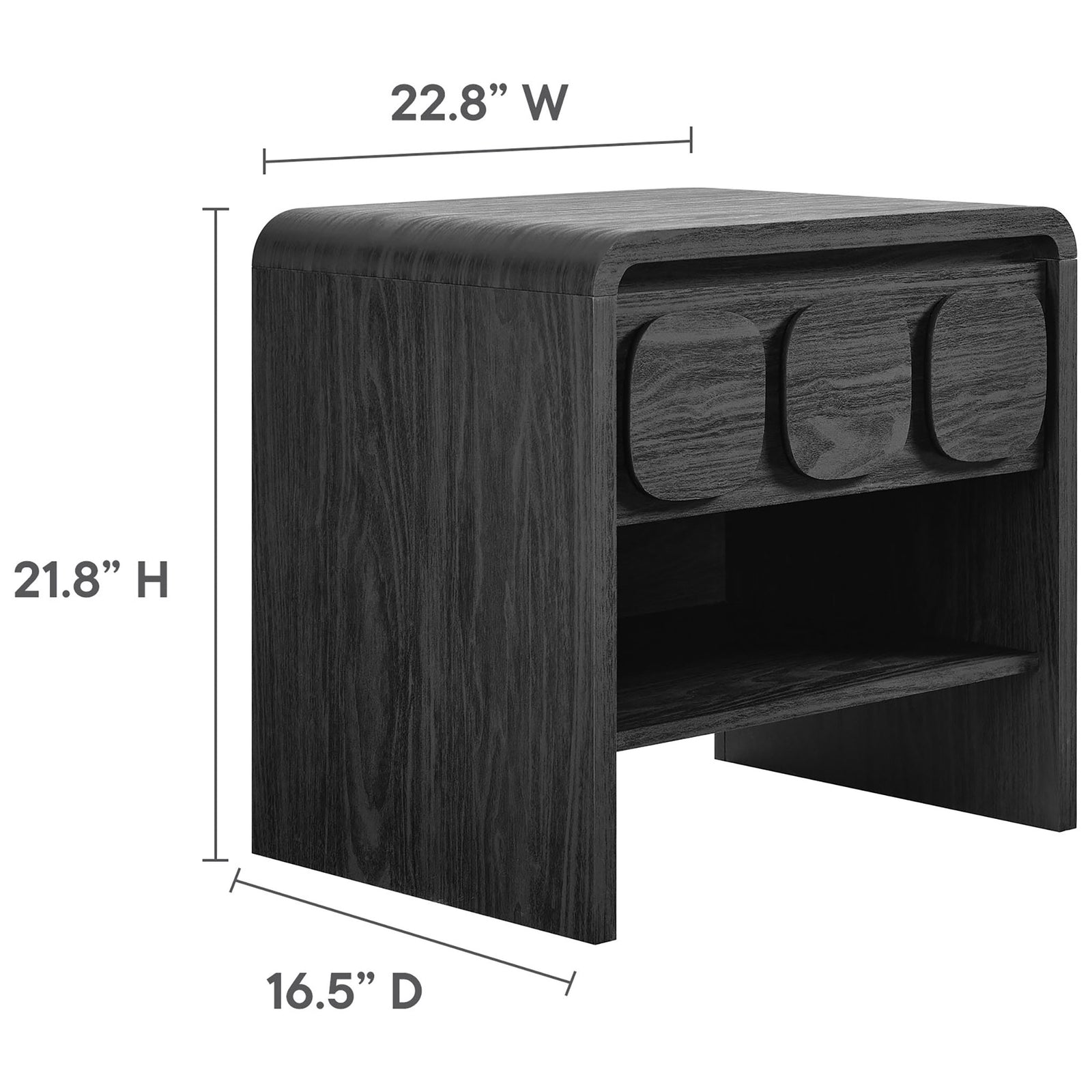 Dimension diagram shows the nightstand at 22.8 inches wide, 21.8 inches high, and 16.5 inches deep. || MOD-7160-BLK || dimension_studio
