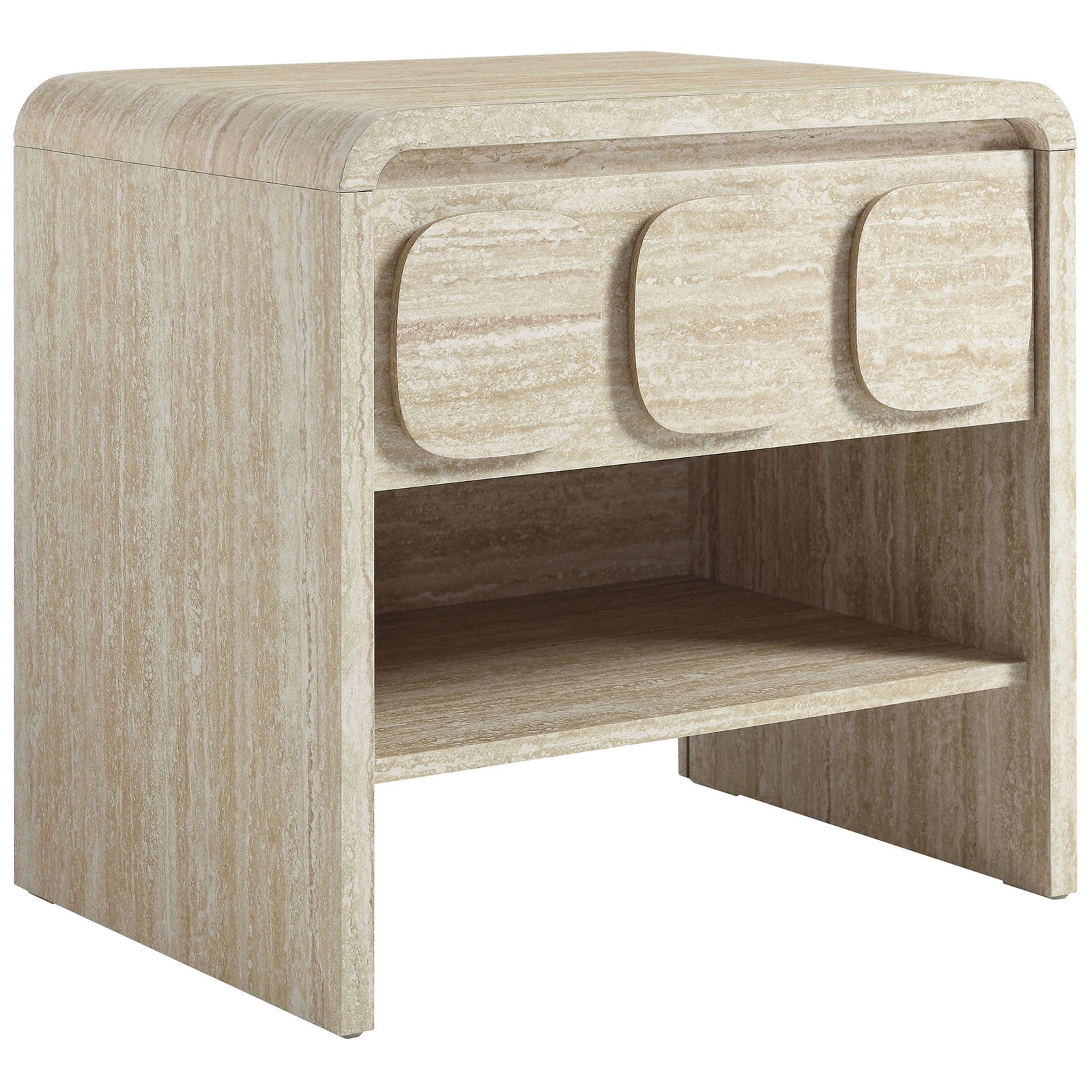 Travertine-look 1-drawer nightstand with rounded corners, sculpted drawer fronts, and open storage shelf. || MOD-7160-TRA || front_angle_studio