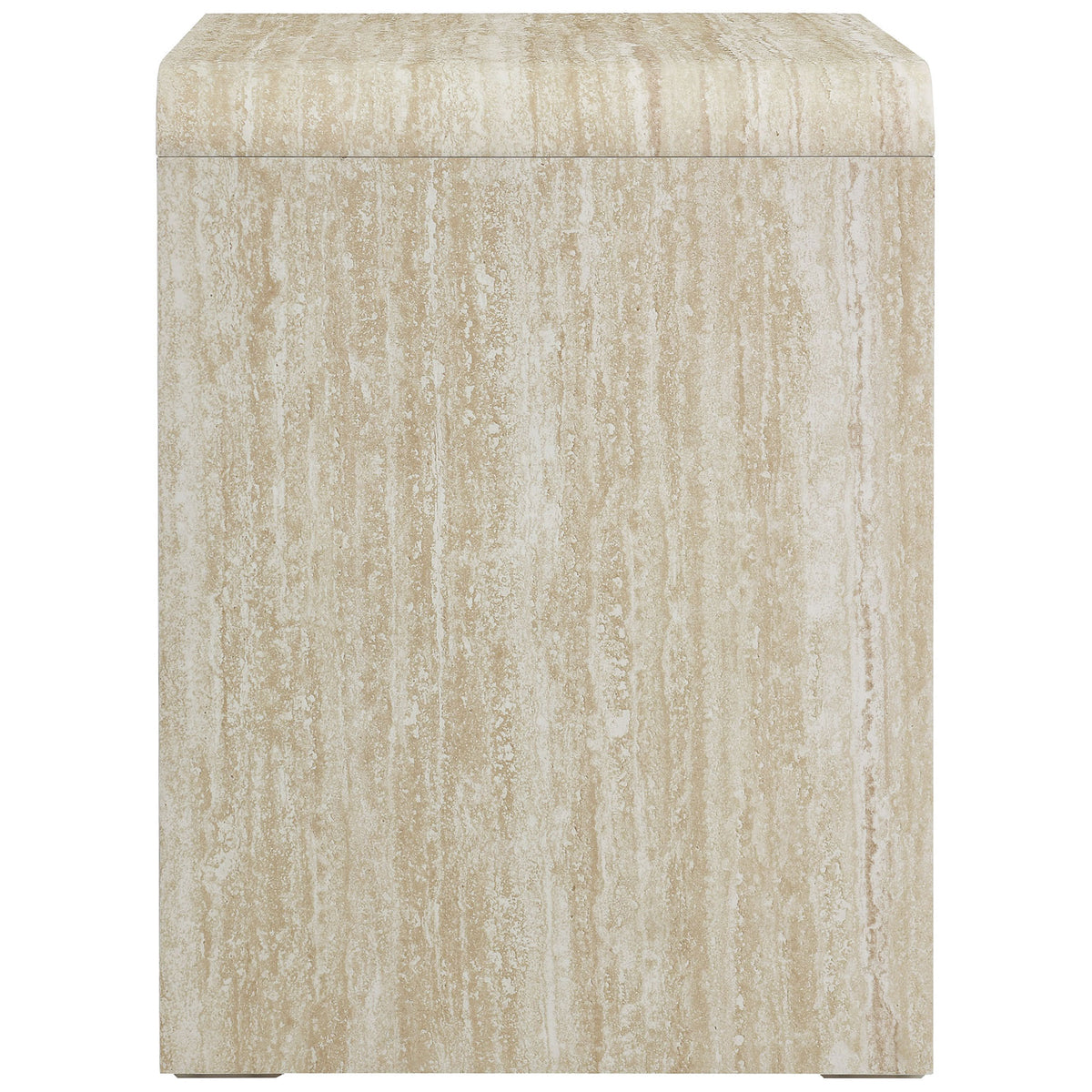 Continuous travertine-look finish and waterfall edges give this nightstand a smooth, sculpted side profile. || MOD-7160-TRA || side_studio