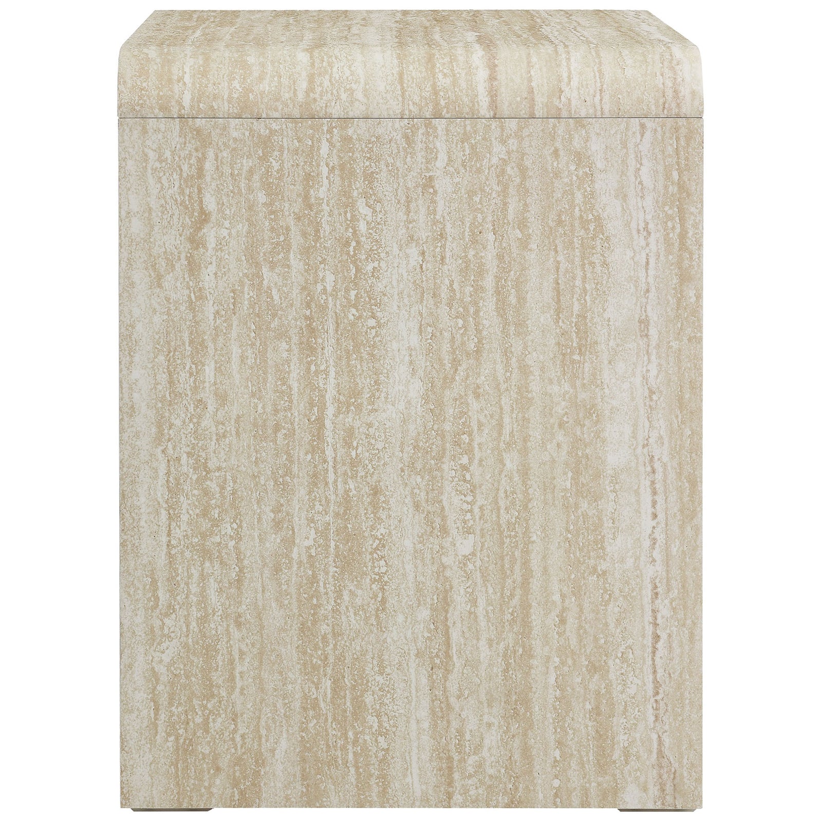Continuous travertine-look finish and waterfall edges give this nightstand a smooth, sculpted side profile. || MOD-7160-TRA || side_studio
