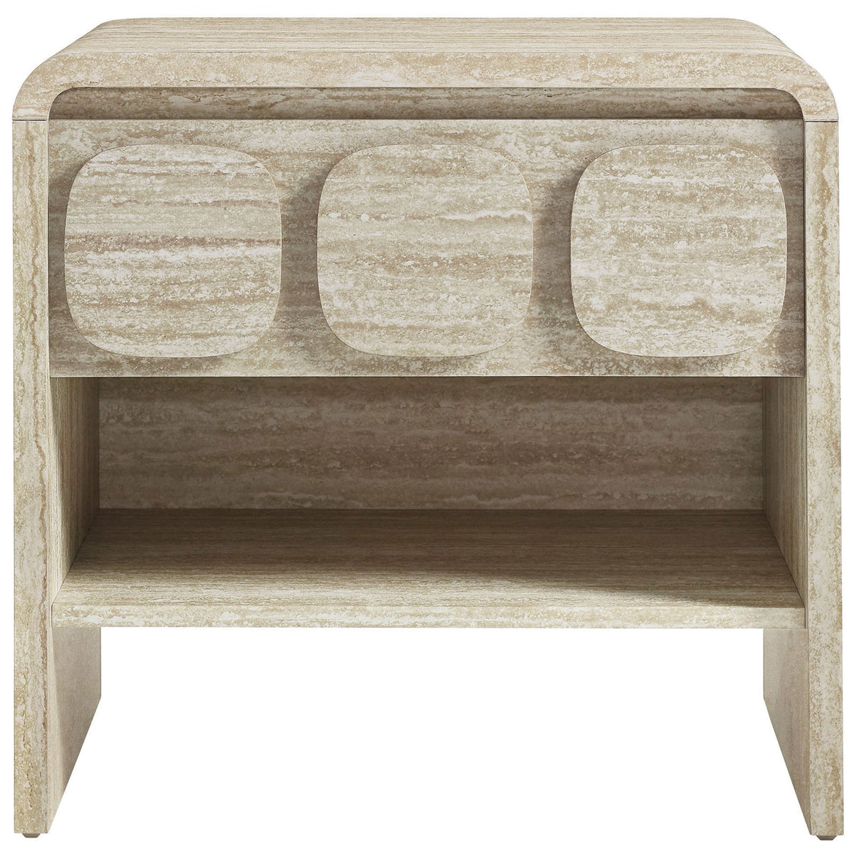 Modern travertine-look nightstand showcasing a bold triple-circle drawer motif and spacious lower shelf. || MOD-7160-TRA || front_studio