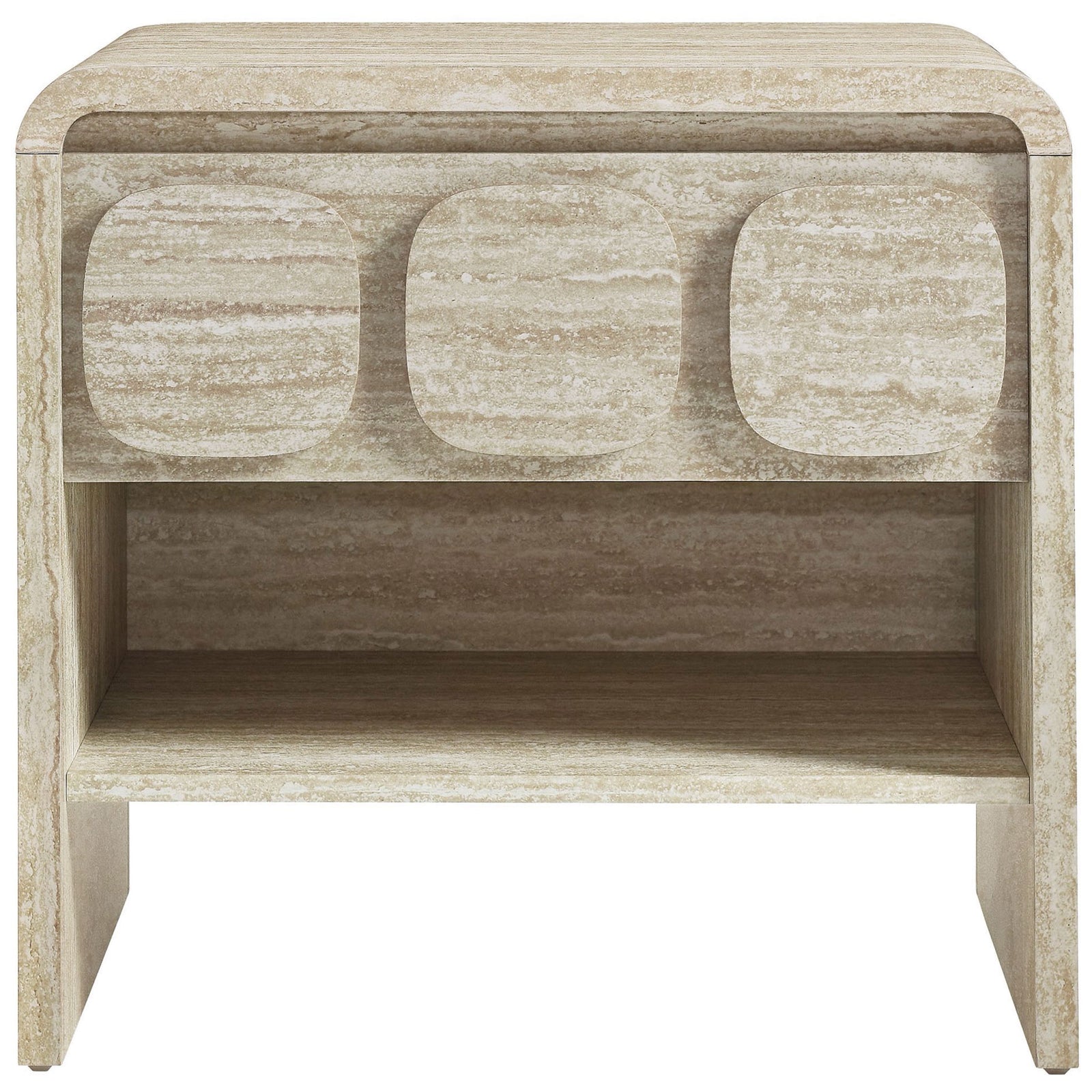 Modern travertine-look nightstand showcasing a bold triple-circle drawer motif and spacious lower shelf. || MOD-7160-TRA || front_studio