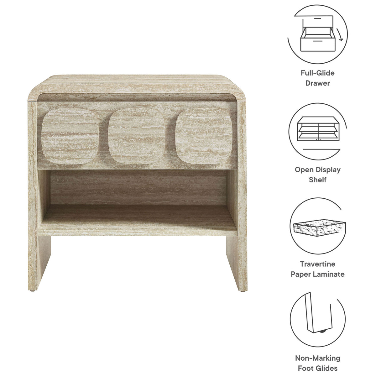 Key features highlighted, including full-glide drawer, open display shelf, travertine laminate, and non-marking glides. || MOD-7160-TRA || callout_studio