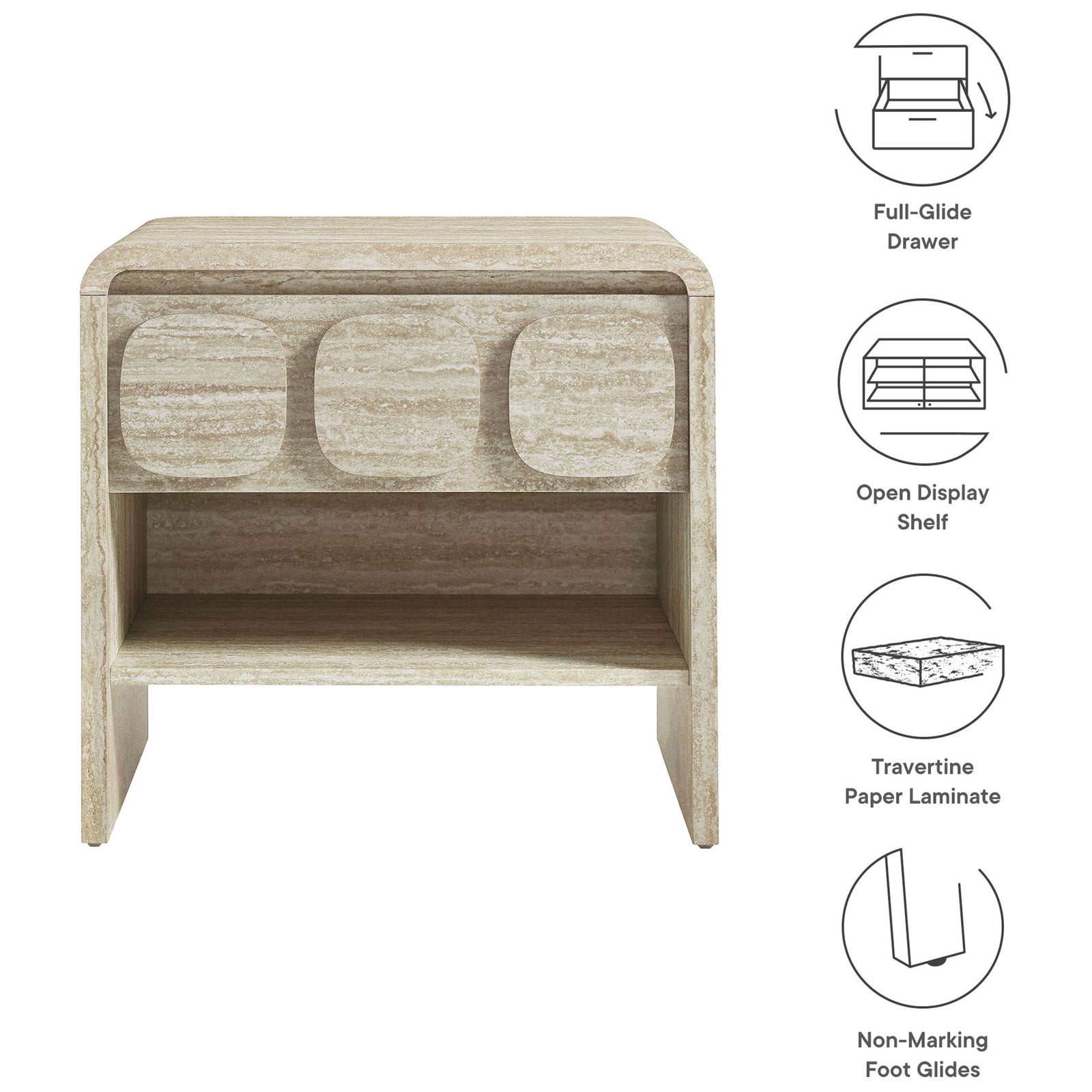 Key features highlighted, including full-glide drawer, open display shelf, travertine laminate, and non-marking glides. || MOD-7160-TRA || callout_studio