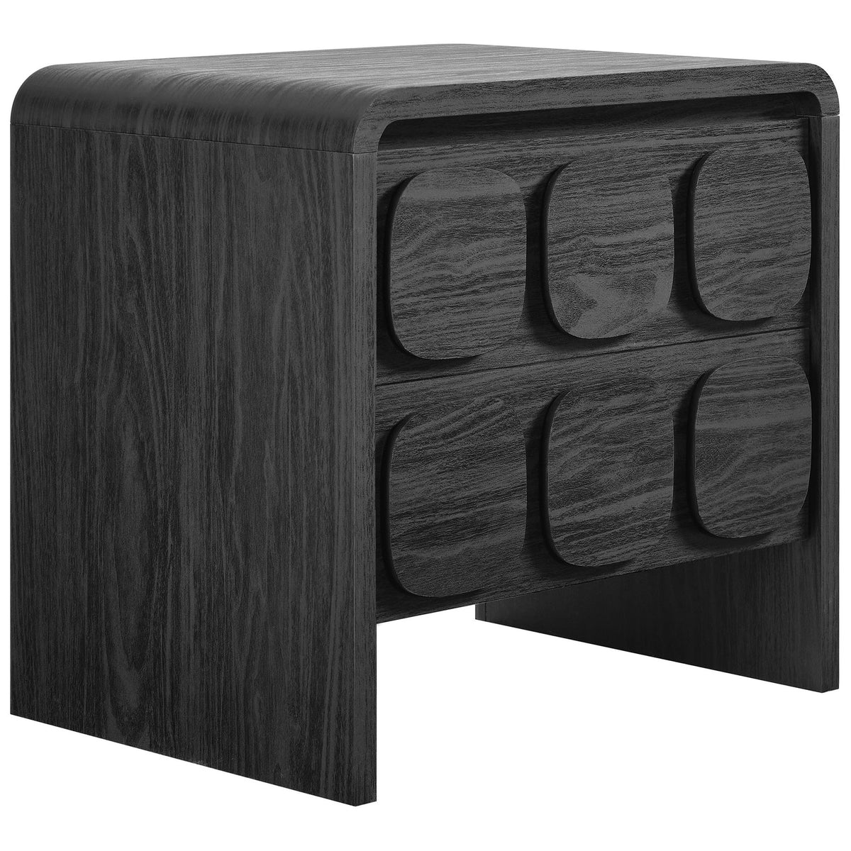 Waterfall-edge black nightstand with rich wood grain and raised circular drawer panels || MOD-7161-BLK || front_angle_studio