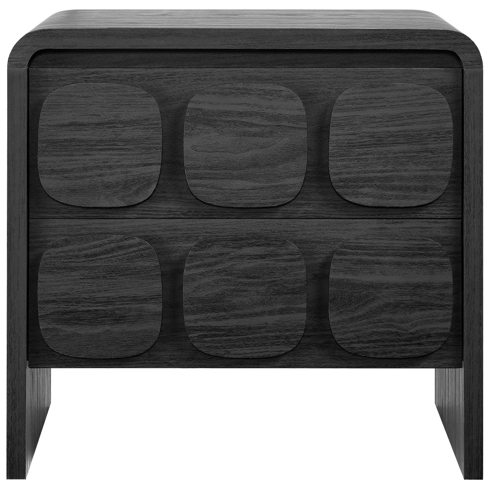 Black two-drawer nightstand with rounded corners and sculpted circular fronts for bold modern texture || MOD-7161-BLK || front_studio