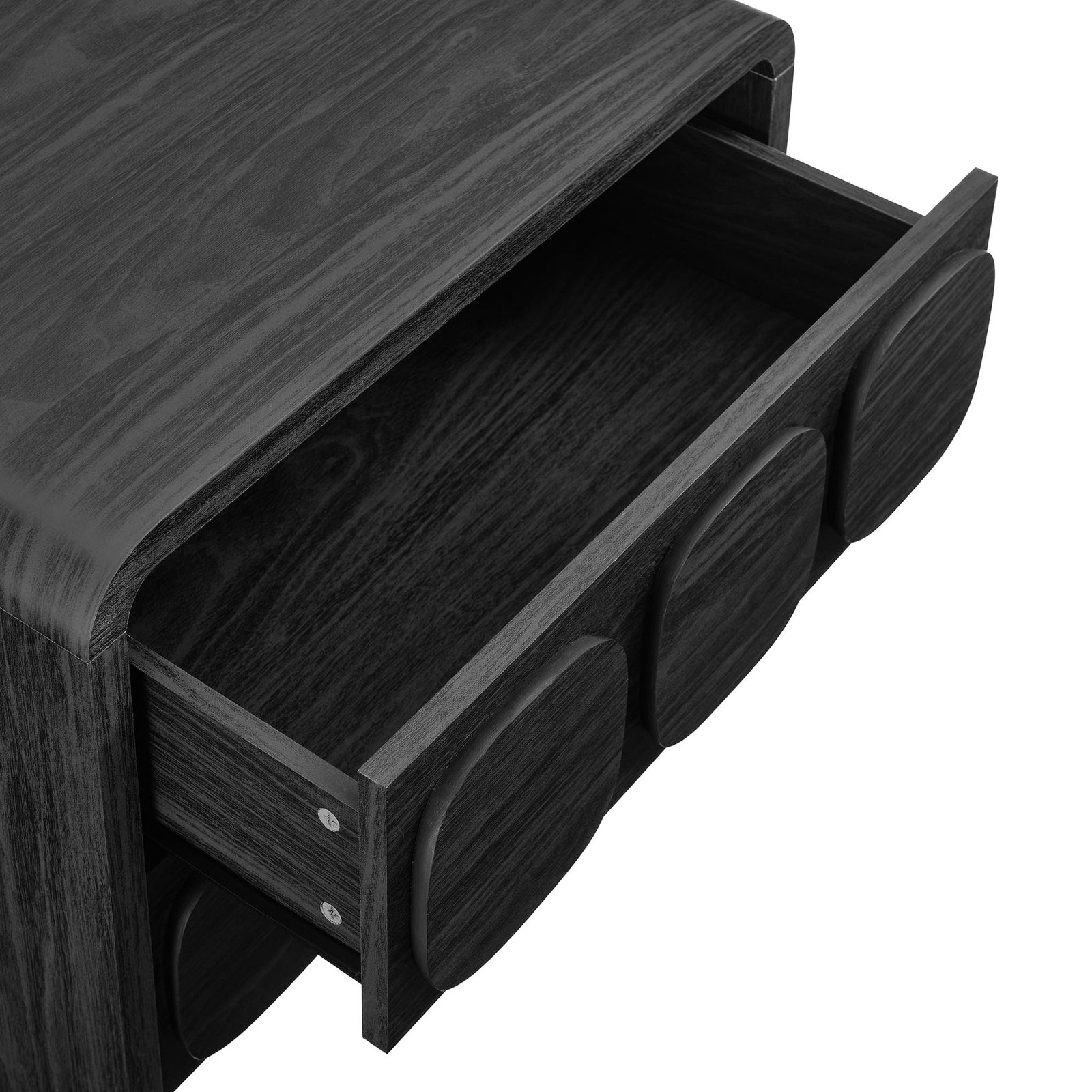 Spacious top drawer of the nightstand with dark wood grain interior ready to store essentials || MOD-7161-BLK || storage_open_studio