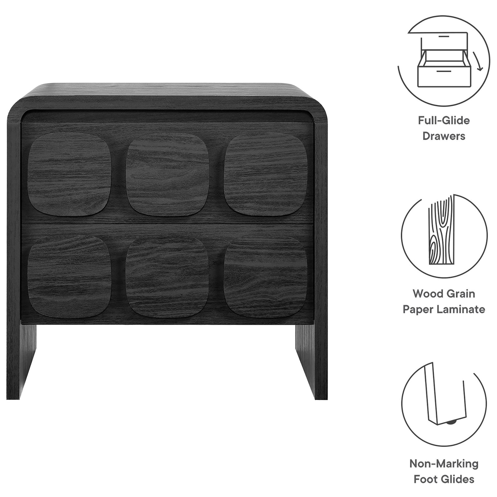 Black nightstand with icons calling out full-glide drawers, wood grain laminate, and non-marking foot glides || MOD-7161-BLK || callout_studio