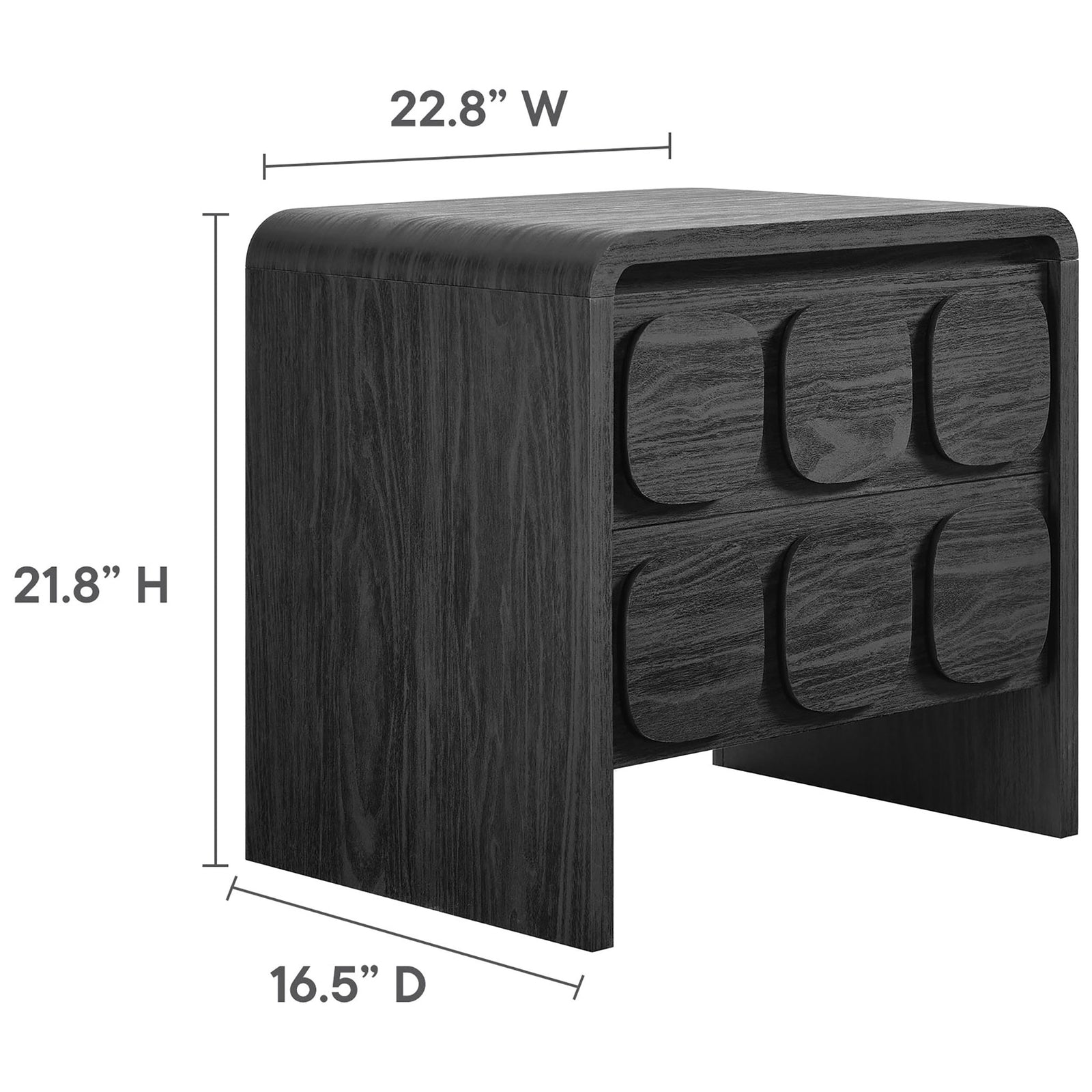 Black nightstand with labeled width, height, and depth measurements for easy bedroom space planning || MOD-7161-BLK || dimension_studio