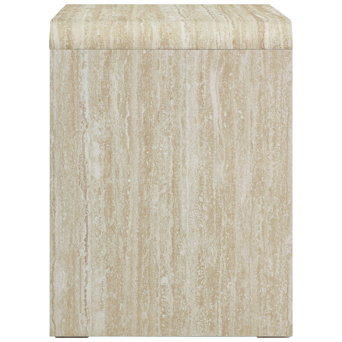 Travertine-look nightstand profile highlighting smooth waterfall edges and continuous stone-inspired grain || MOD-7161-TRA || side_studio