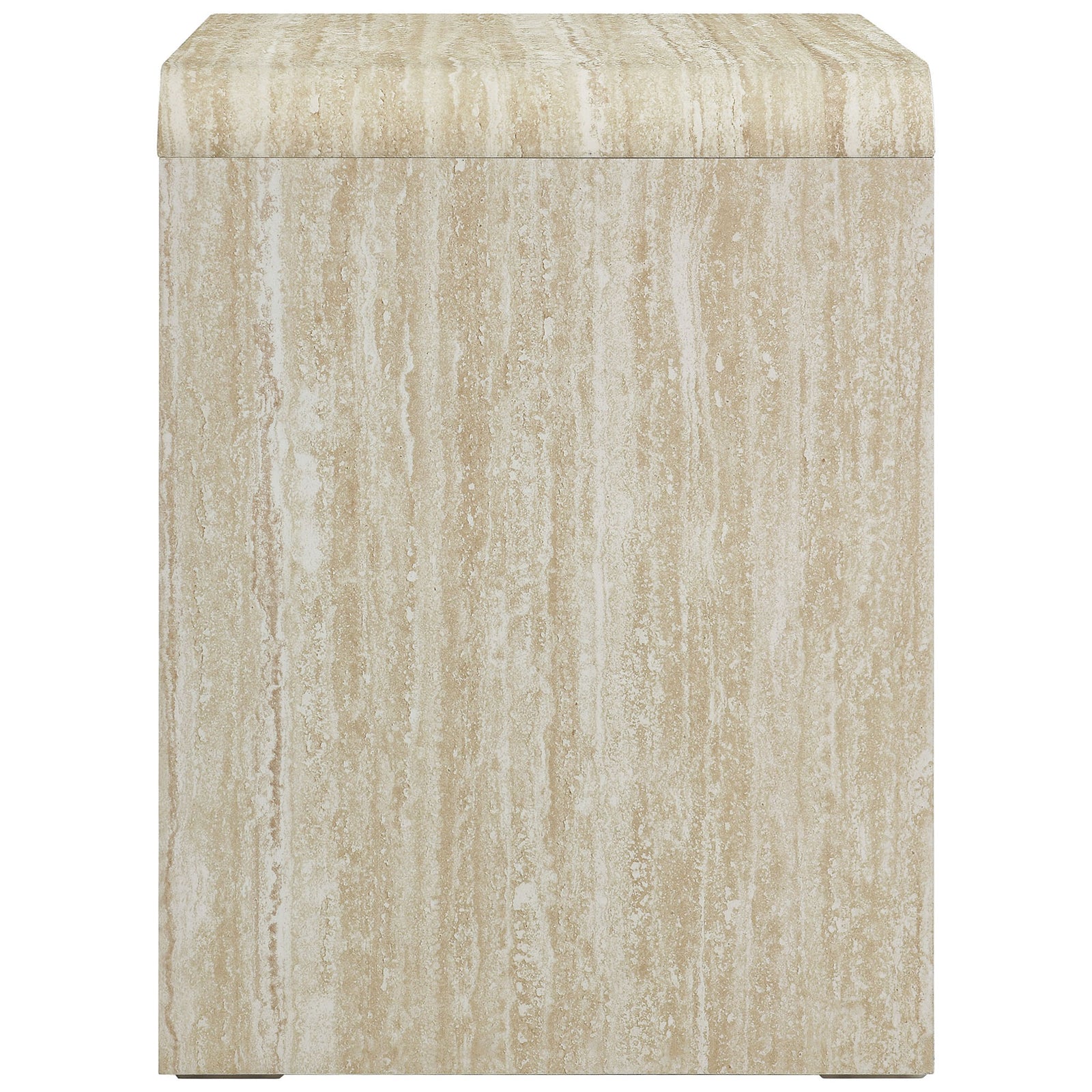 Travertine-look nightstand profile highlighting smooth waterfall edges and continuous stone-inspired grain || MOD-7161-TRA || side_studio