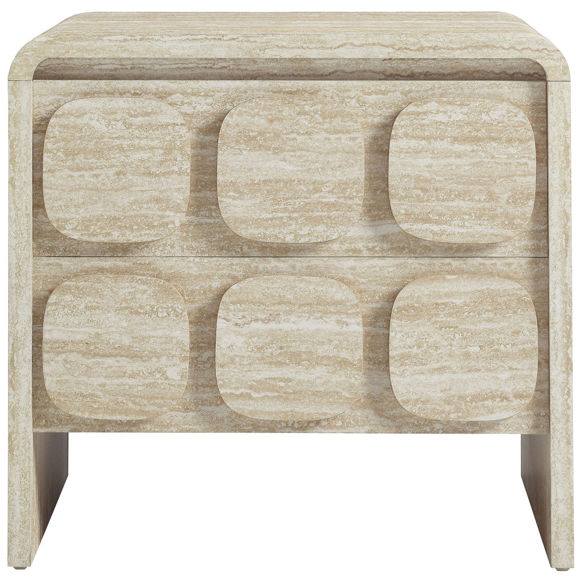 Modern travertine-look 2-drawer nightstand with rounded corners and sculpted geometric drawer fronts || MOD-7161-TRA || front_studio