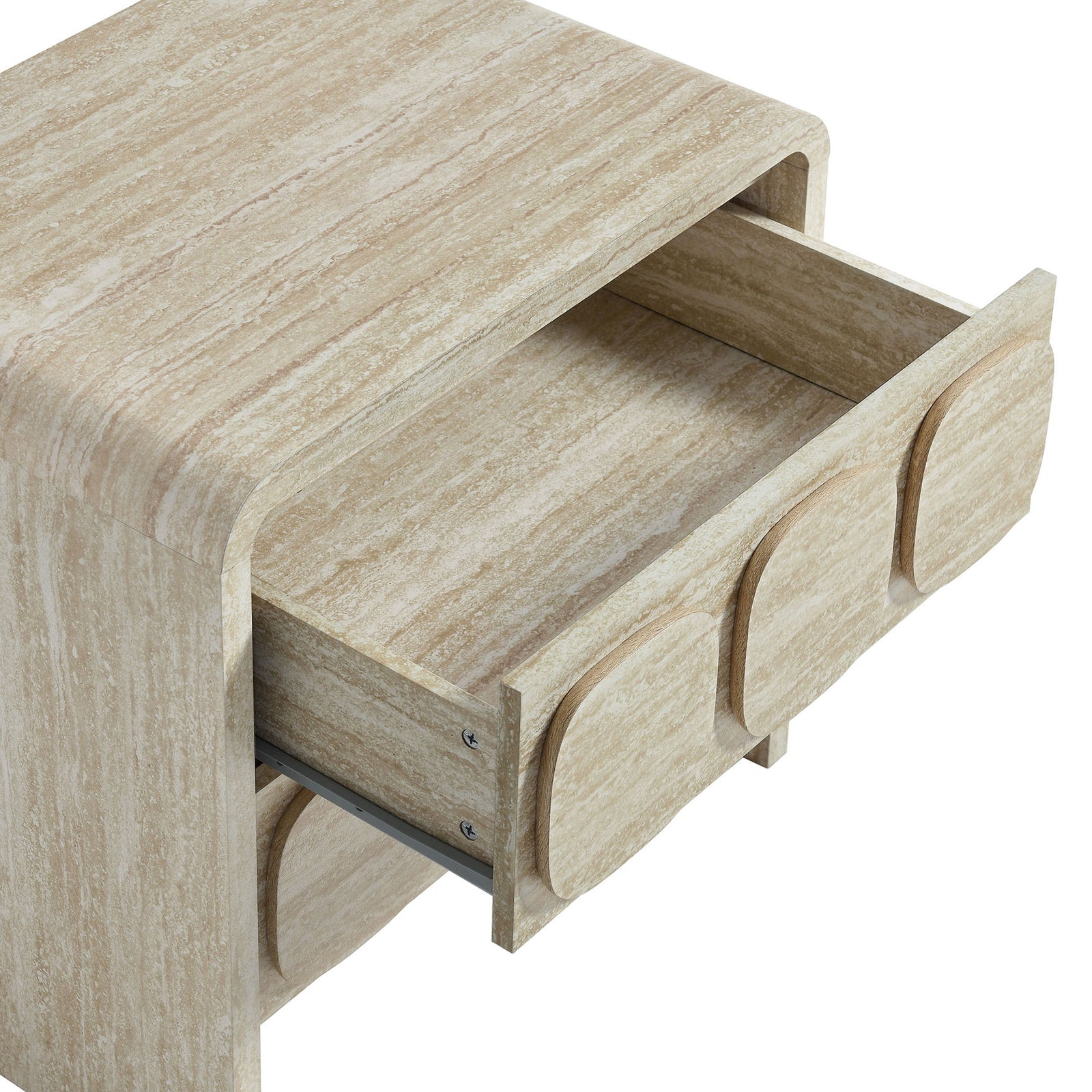 Top drawer of travertine-look nightstand pulled open to reveal smooth full-glide hardware and roomy storage || MOD-7161-TRA || storage_open_studio