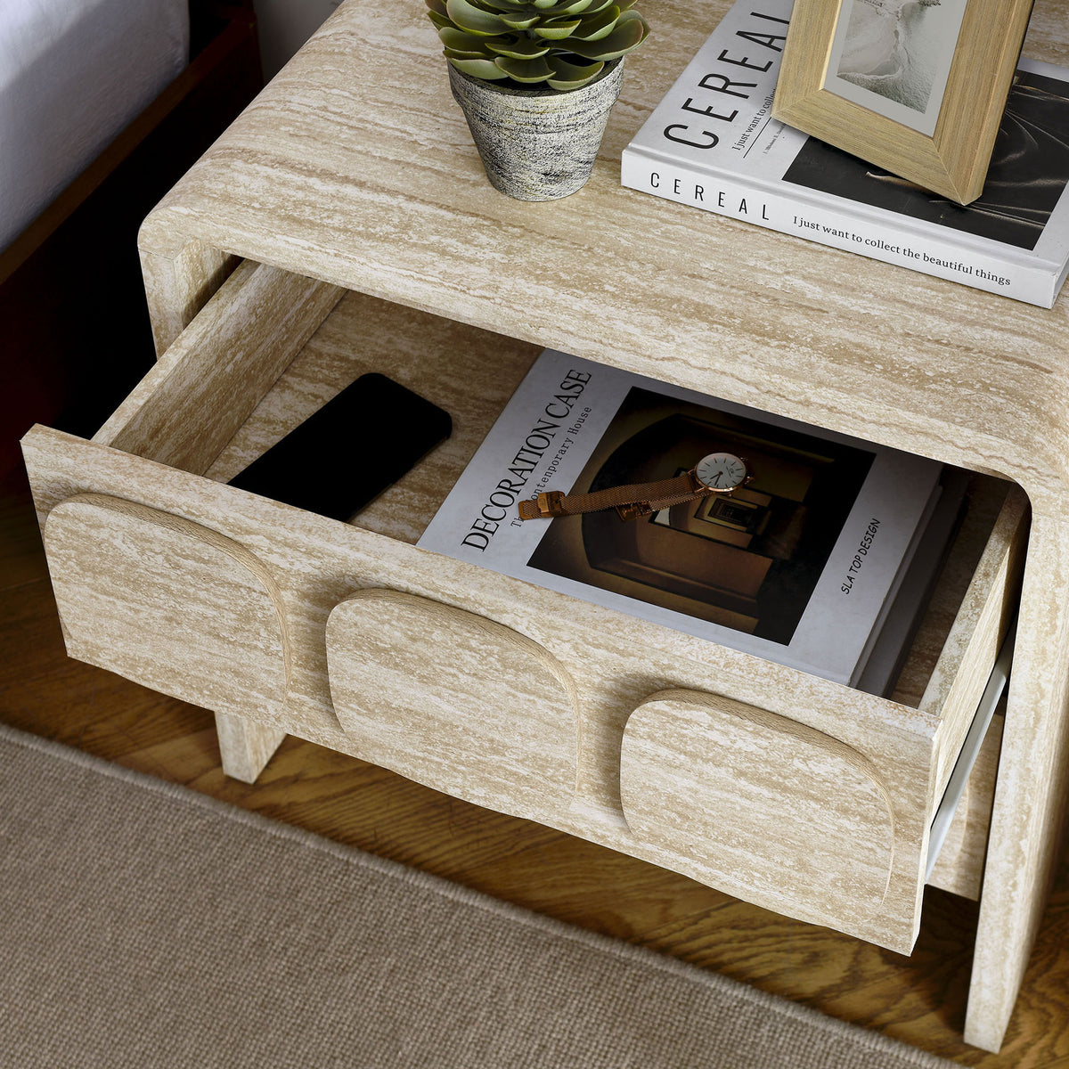 Toscana nightstand in bedroom setting with top drawer open to show convenient bedside storage for books and accessories || MOD-7161-TRA || front_angle_open_room