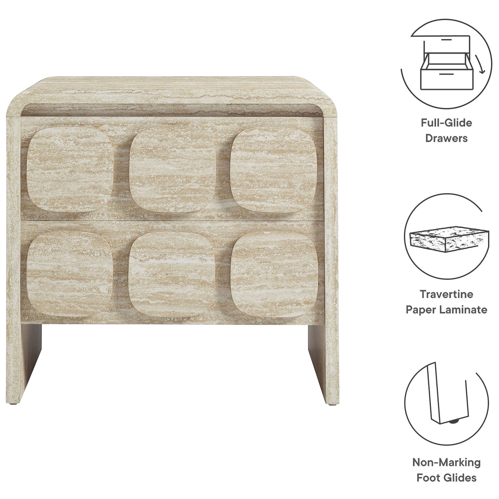 Toscana nightstand highlighting full-glide drawers, travertine paper laminate, and non-marking floor glides || MOD-7161-TRA || callout_studio