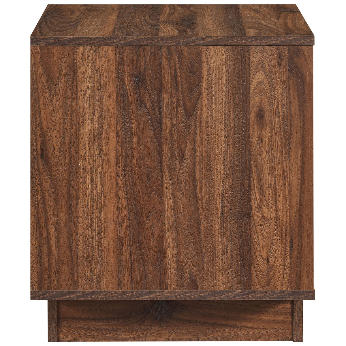 Walnut nightstand with richly grained panels and clean, minimal silhouette on a sturdy plinth base || MOD-7162-WAL || side_studio