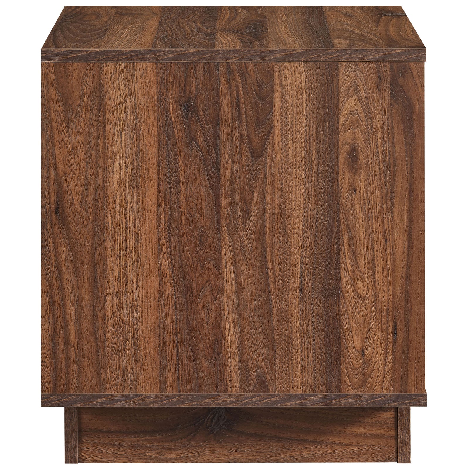 Walnut nightstand with richly grained panels and clean, minimal silhouette on a sturdy plinth base || MOD-7162-WAL || side_studio