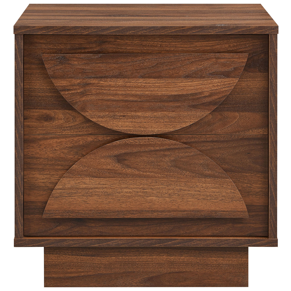 Bulwark nightstand with sculptural semi-circle drawer fronts and warm walnut wood grain || MOD-7162-WAL || front_studio