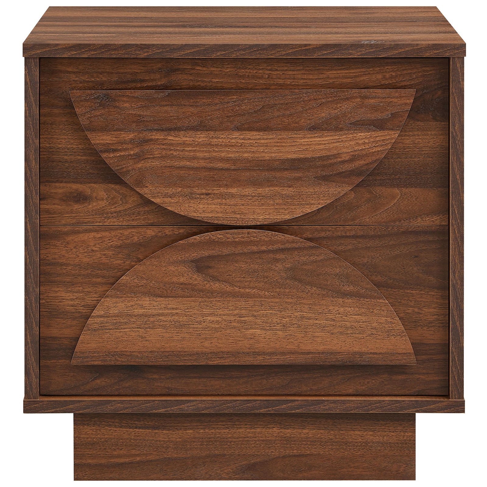 Bulwark nightstand with sculptural semi-circle drawer fronts and warm walnut wood grain || MOD-7162-WAL || front_studio