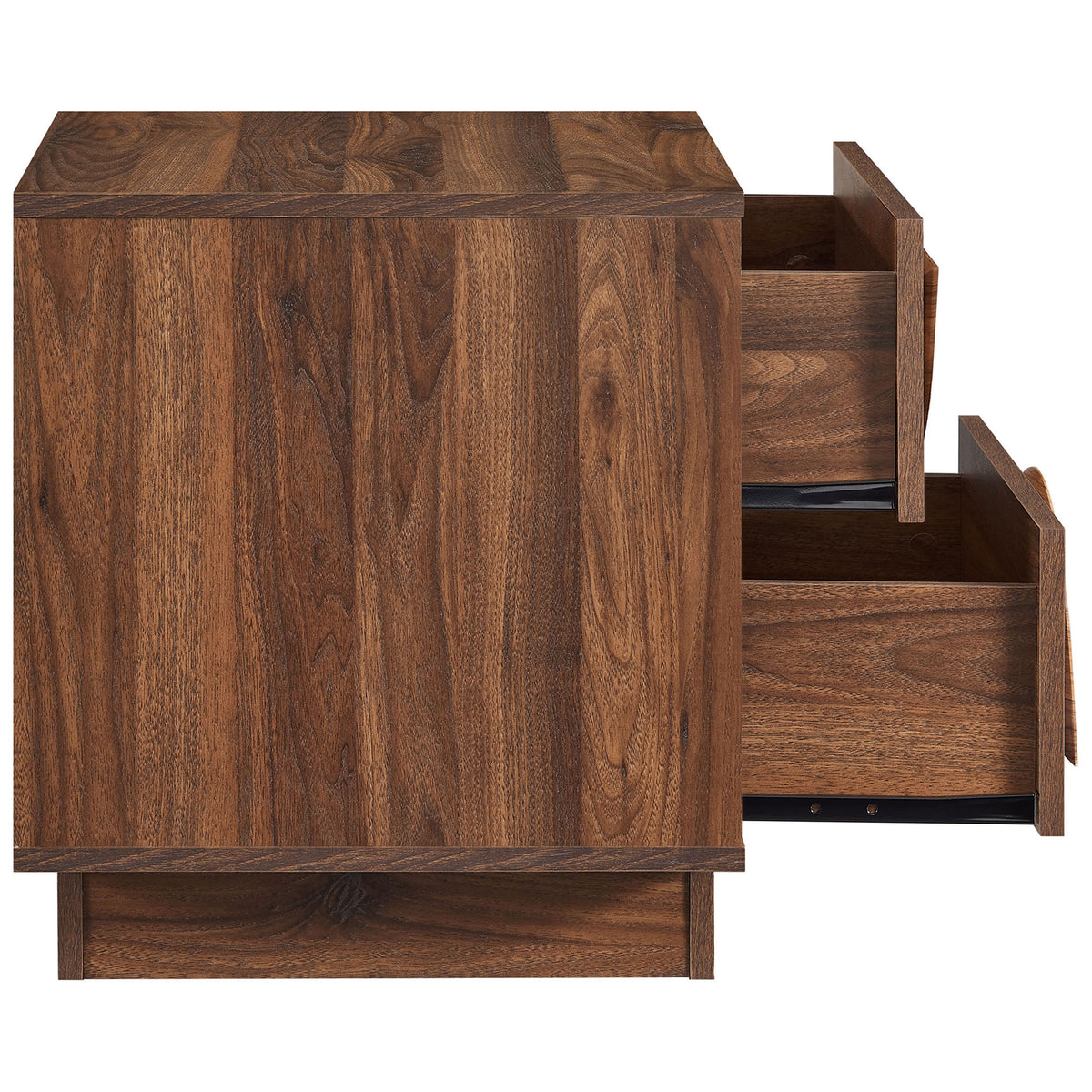 Walnut nightstand drawers smoothly extend to reveal spacious storage and sleek metal glides || MOD-7162-WAL || side_open_studio