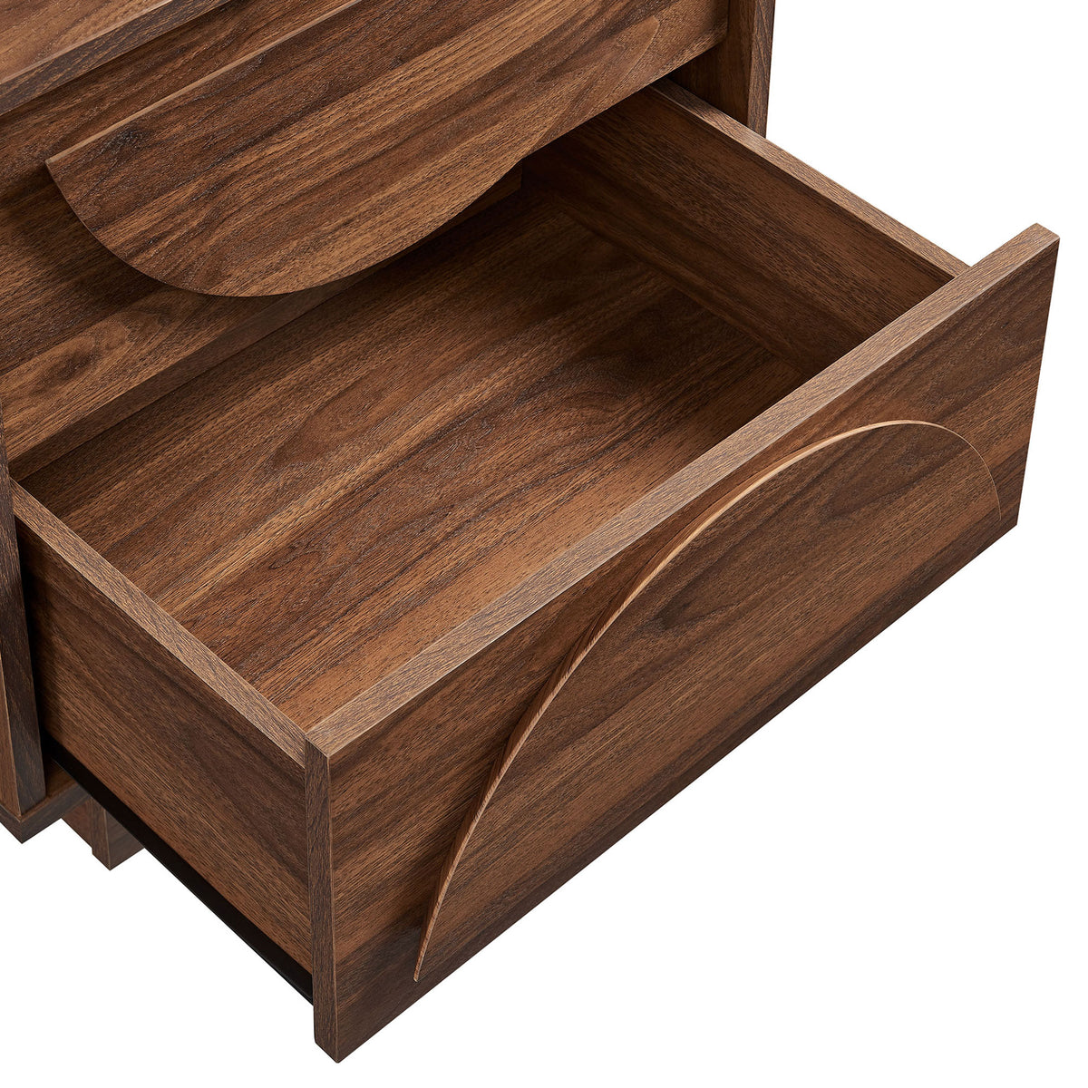 Open drawer of the Bulwark nightstand highlighting the curved front and richly finished interior || MOD-7162-WAL || storage_open_studio