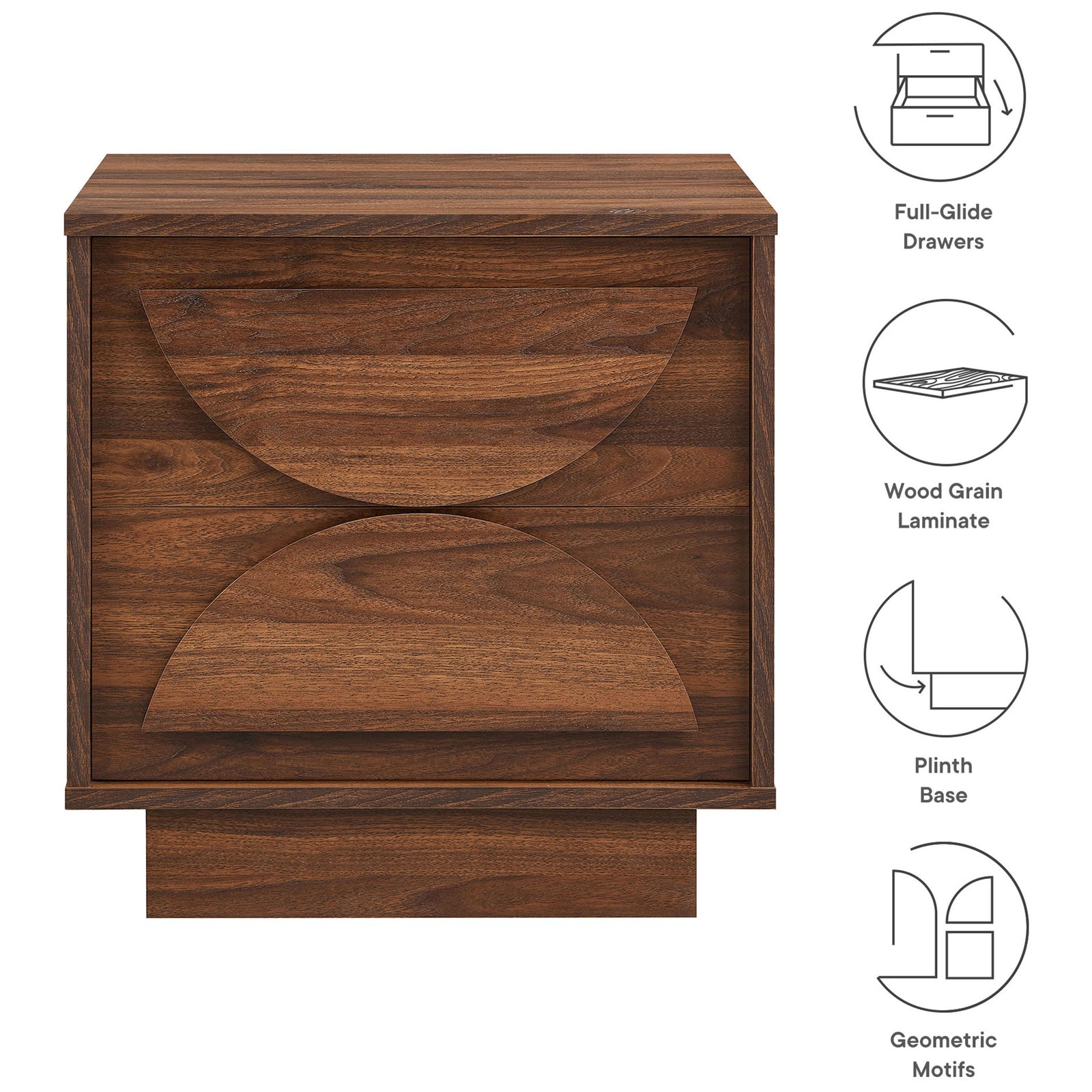 Bulwark nightstand with icons highlighting full-glide drawers, wood grain laminate, plinth base, and motifs || MOD-7162-WAL || callout_studio