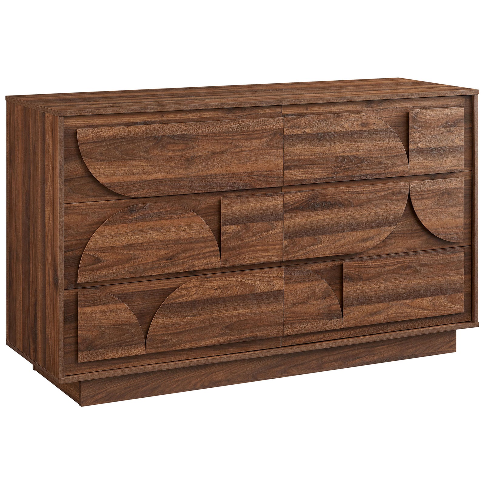 Walnut 6-drawer dresser with bold geometric drawer fronts and a modern plinth base || MOD-7163-WAL || front_angle_studio