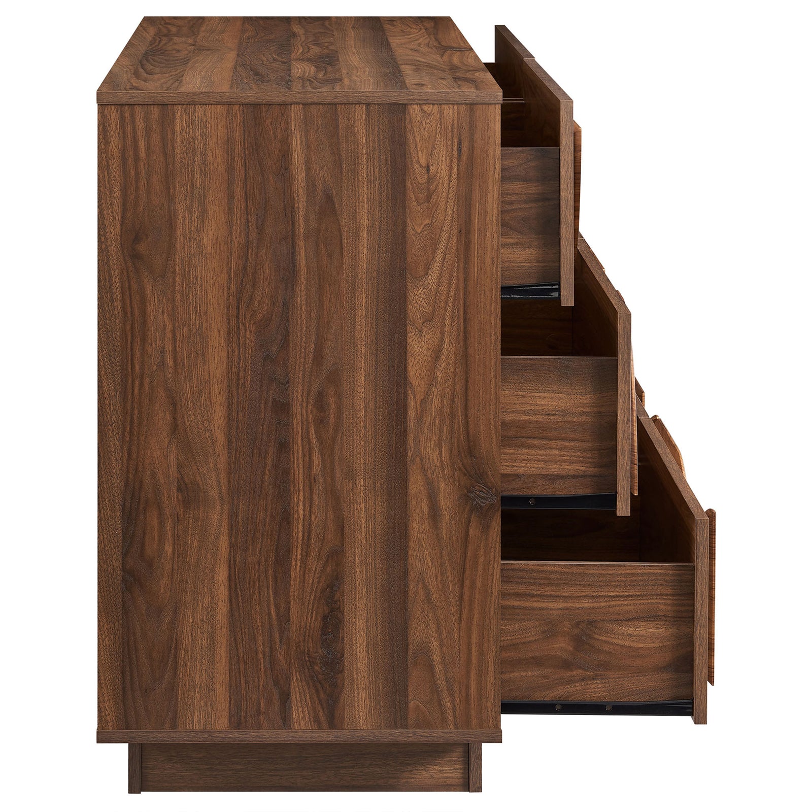 Walnut dresser with staggered drawers open to reveal spacious interior storage compartments || MOD-7163-WAL || side_open_studio