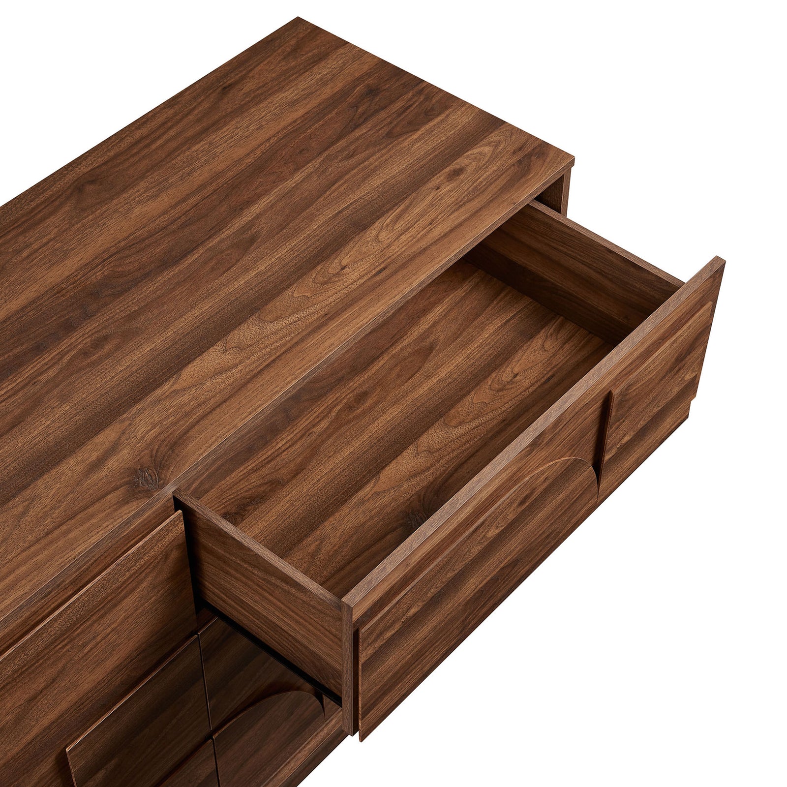 Drawer pulled out to show the roomy storage space and smooth full-glide drawer construction || MOD-7163-WAL || storage_open_studio