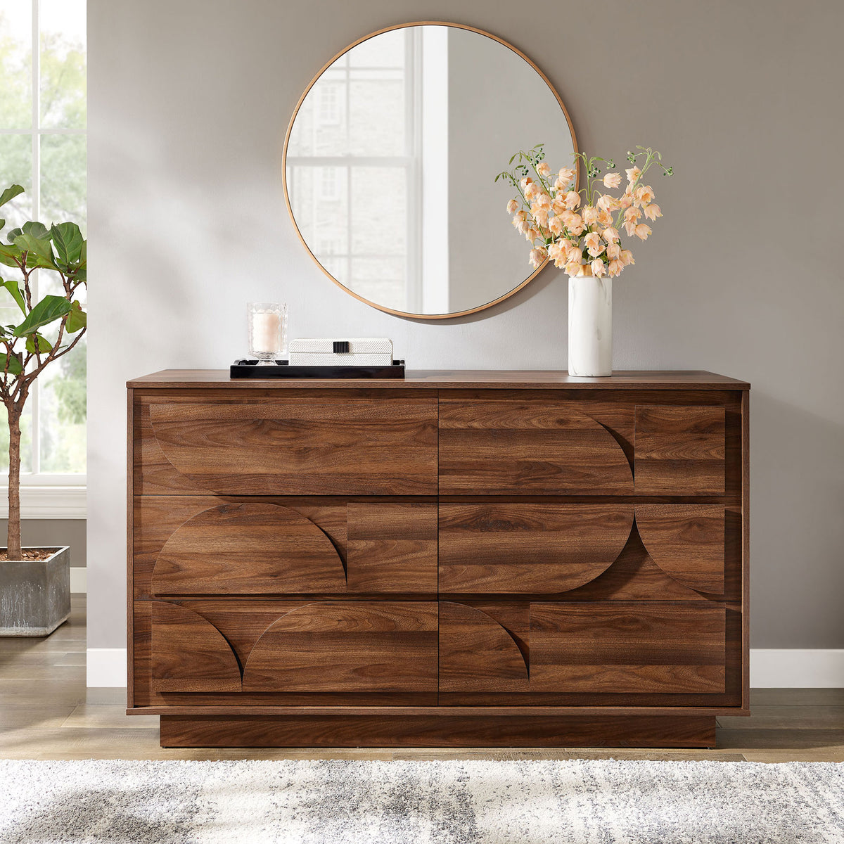 Walnut 6-drawer dresser styled in a modern bedroom with mirror, vase, and greenery accents || MOD-7163-WAL || front_room
