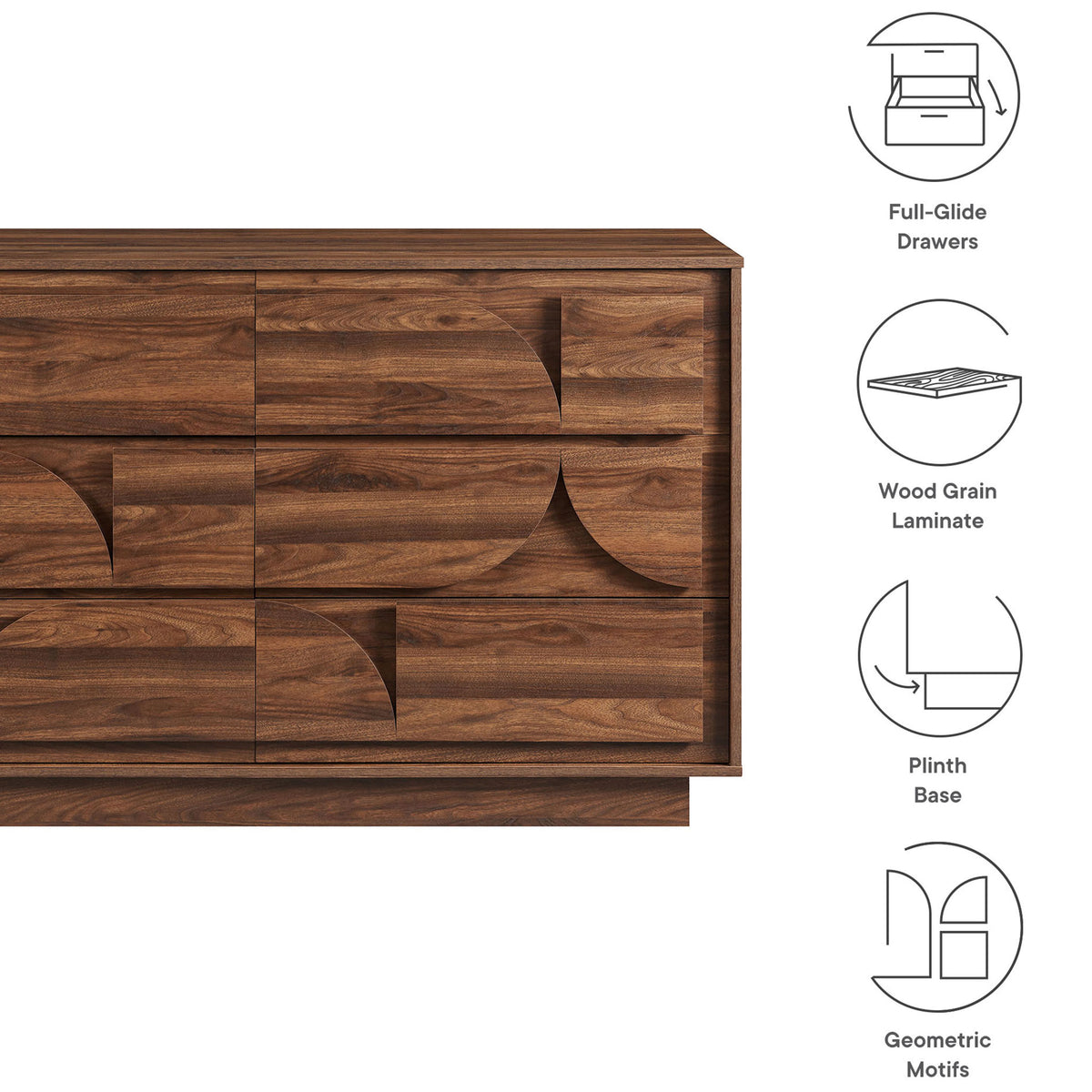 Feature icons highlight the dresser's full-glide drawers, wood grain laminate, plinth base, and geometric motifs || MOD-7163-WAL || callout_studio