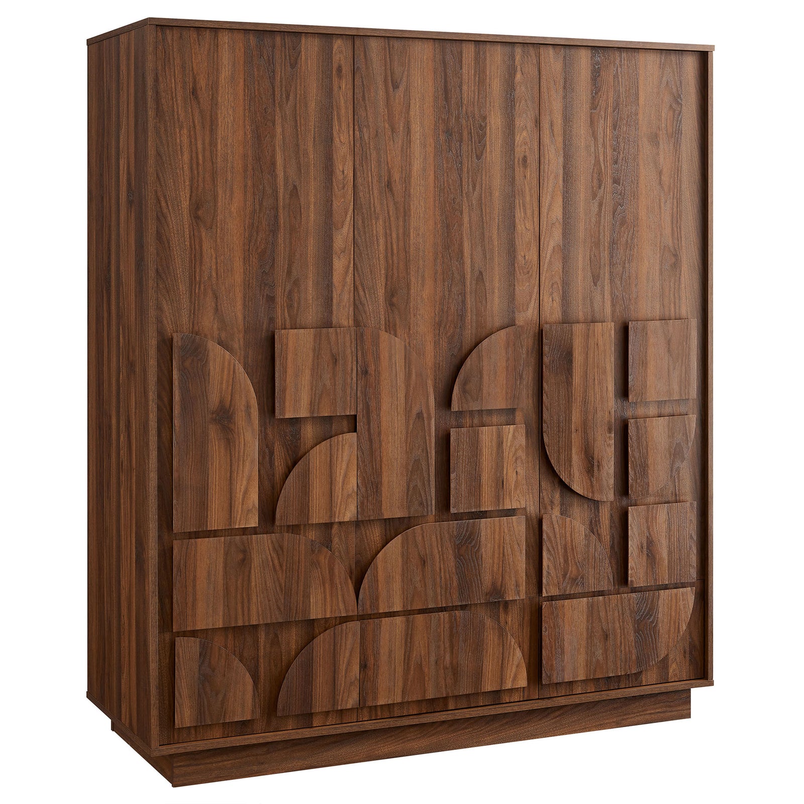 Walnut wardrobe closet with bold raised geometric door fronts and a streamlined plinth base. || MOD-7164-WAL || front_angle_studio