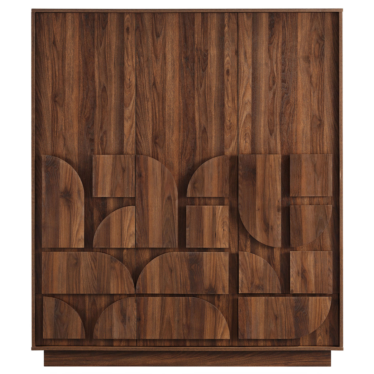 Walnut wardrobe closet featuring an artistic mosaic of raised geometric panels across the doors and drawers. || MOD-7164-WAL || front_studio