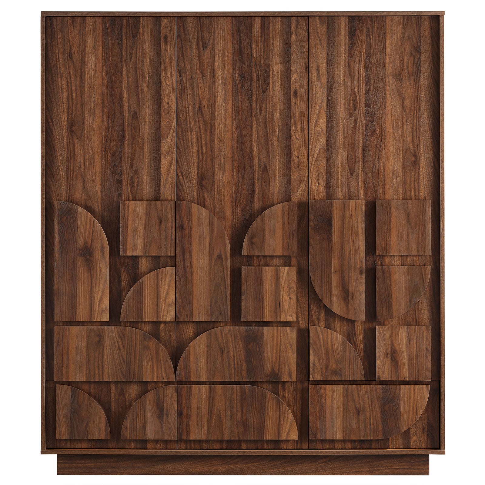 Walnut wardrobe closet featuring an artistic mosaic of raised geometric panels across the doors and drawers. || MOD-7164-WAL || front_studio
