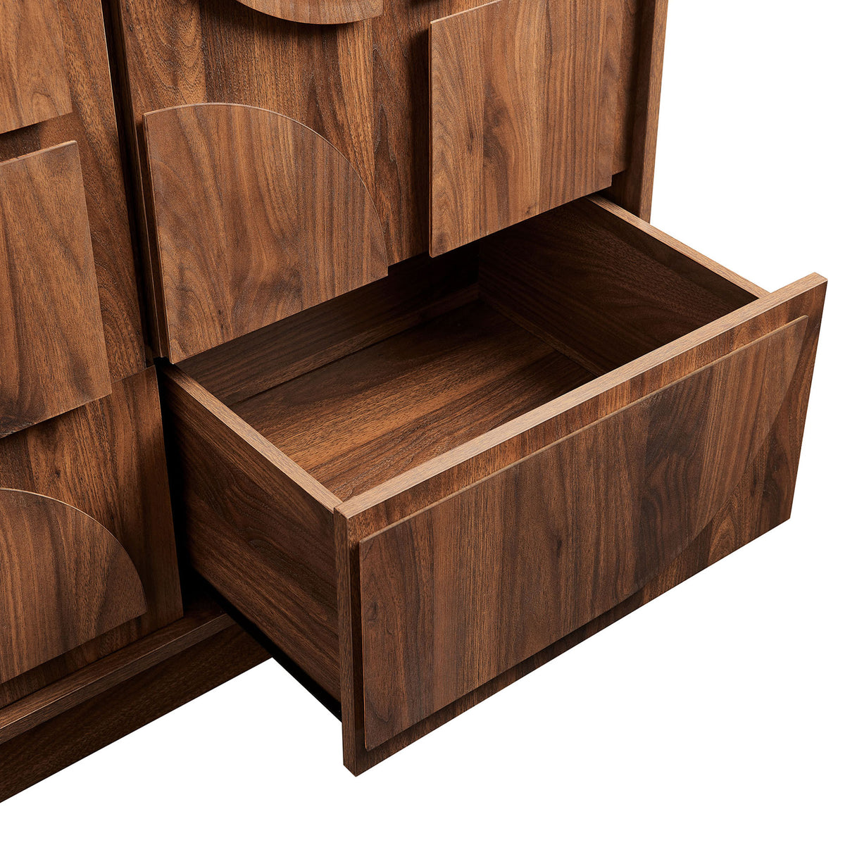 Generous lower drawer pulled out to reveal spacious storage for bulky clothing and linens. || MOD-7164-WAL || storage_open_studio