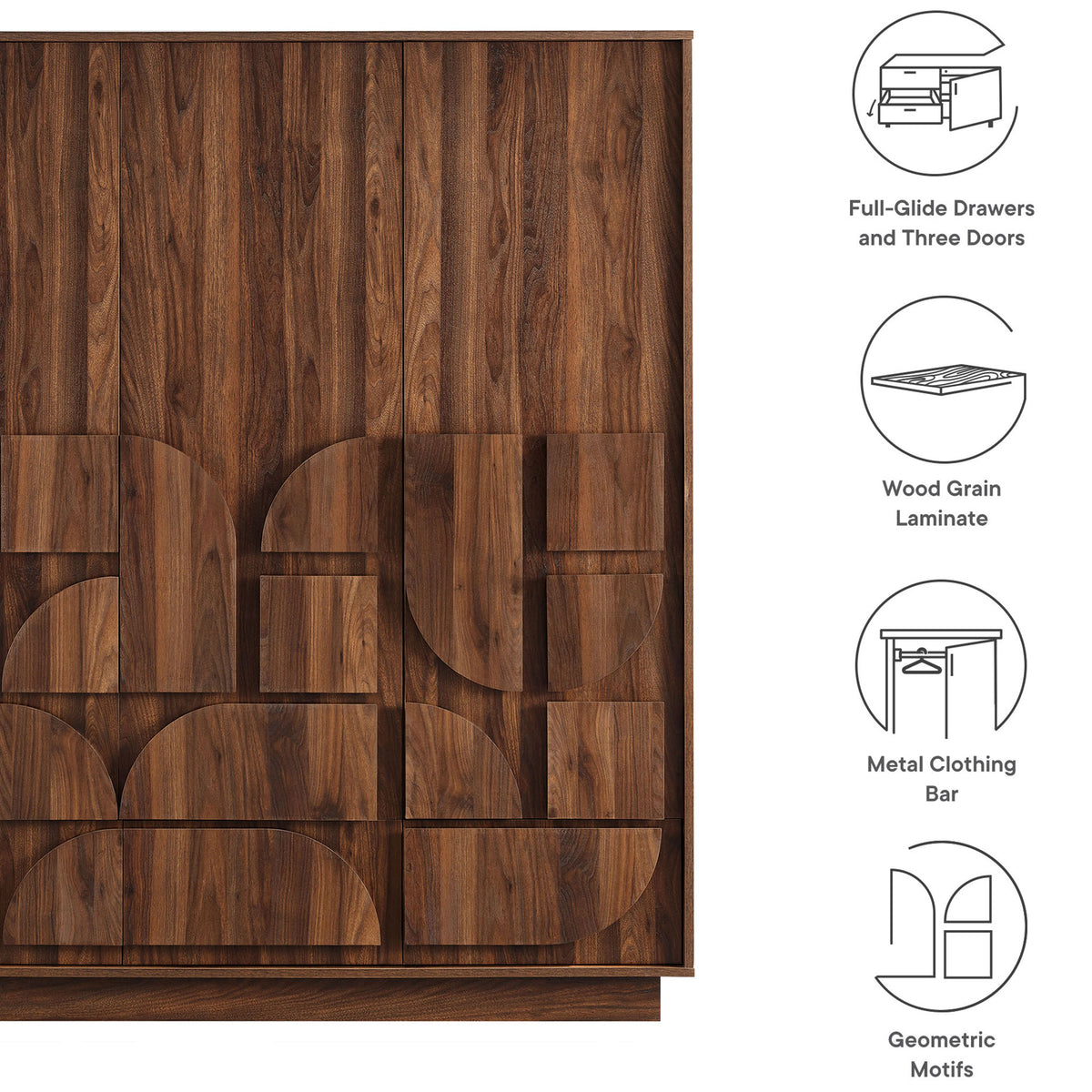 Walnut wardrobe closet with graphic geometric facade alongside icons highlighting key storage features. || MOD-7164-WAL || callout_studio