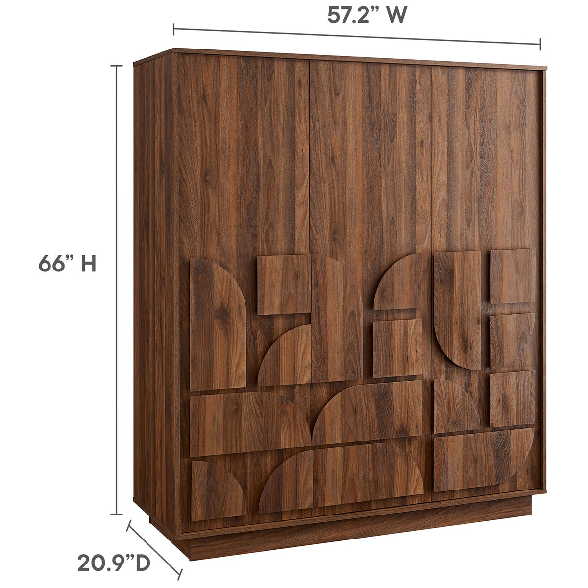 Walnut wardrobe closet with geometric front detailing and labeled height, width, and depth measurements. || MOD-7164-WAL || dimension_studio